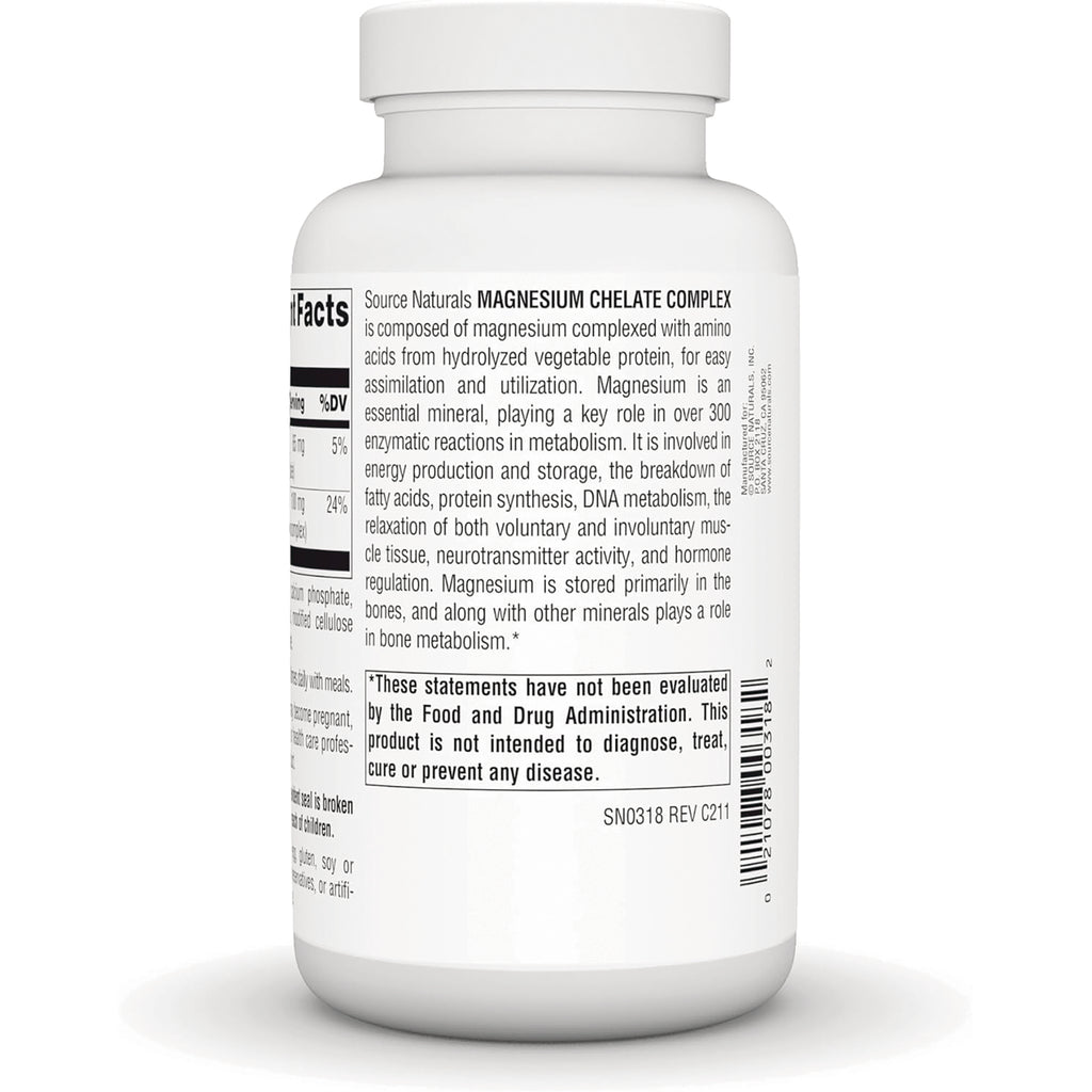 SN691 | Source Naturals Magnesium Chelate Complex supplement bottle back label with directions and warning - Thumbnail