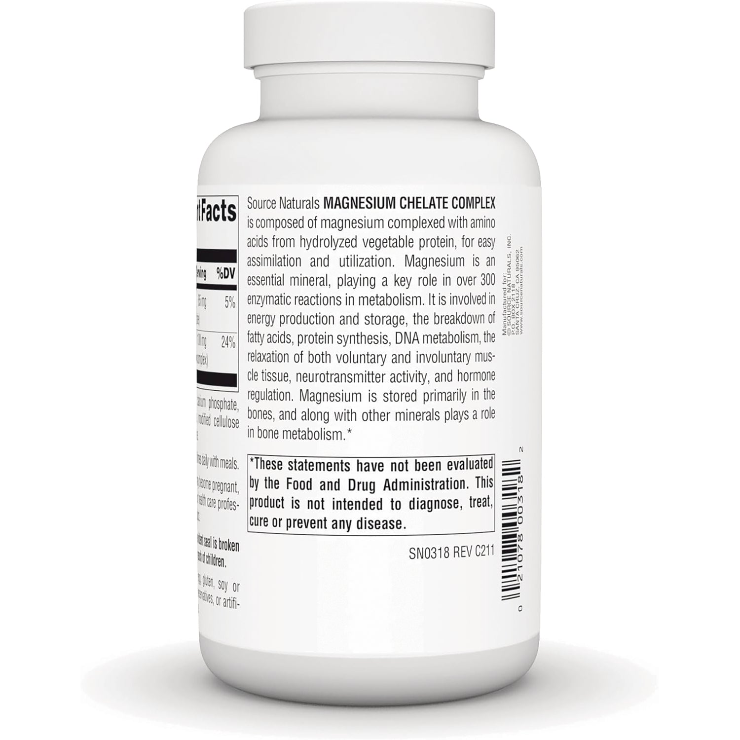 SN691 | Source Naturals Magnesium Chelate Complex supplement bottle back label with directions and warning