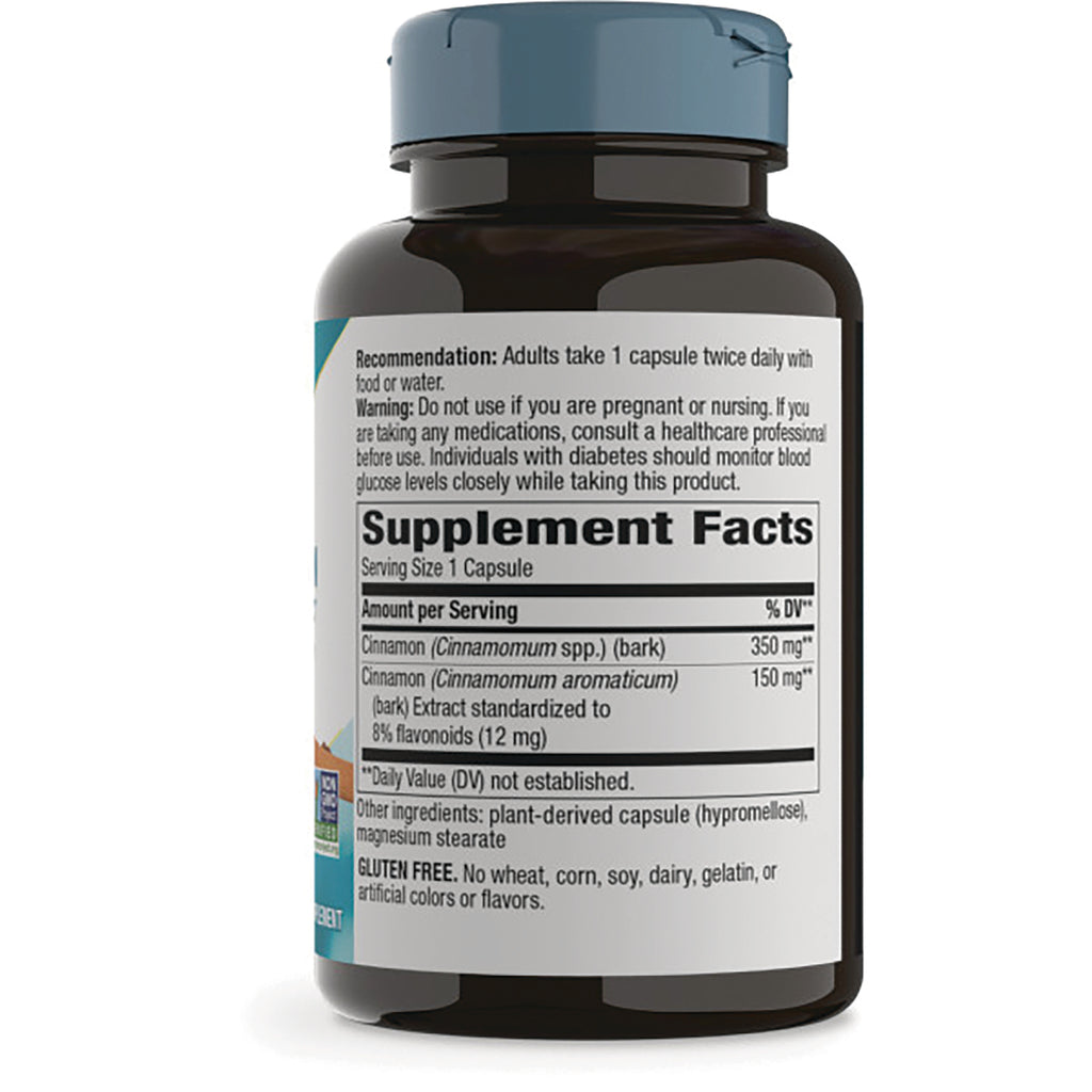 NW785 | Back of brown supplement bottle showing Supplement Facts panel and directions, cinnamon ingredient listing - Thumbnail