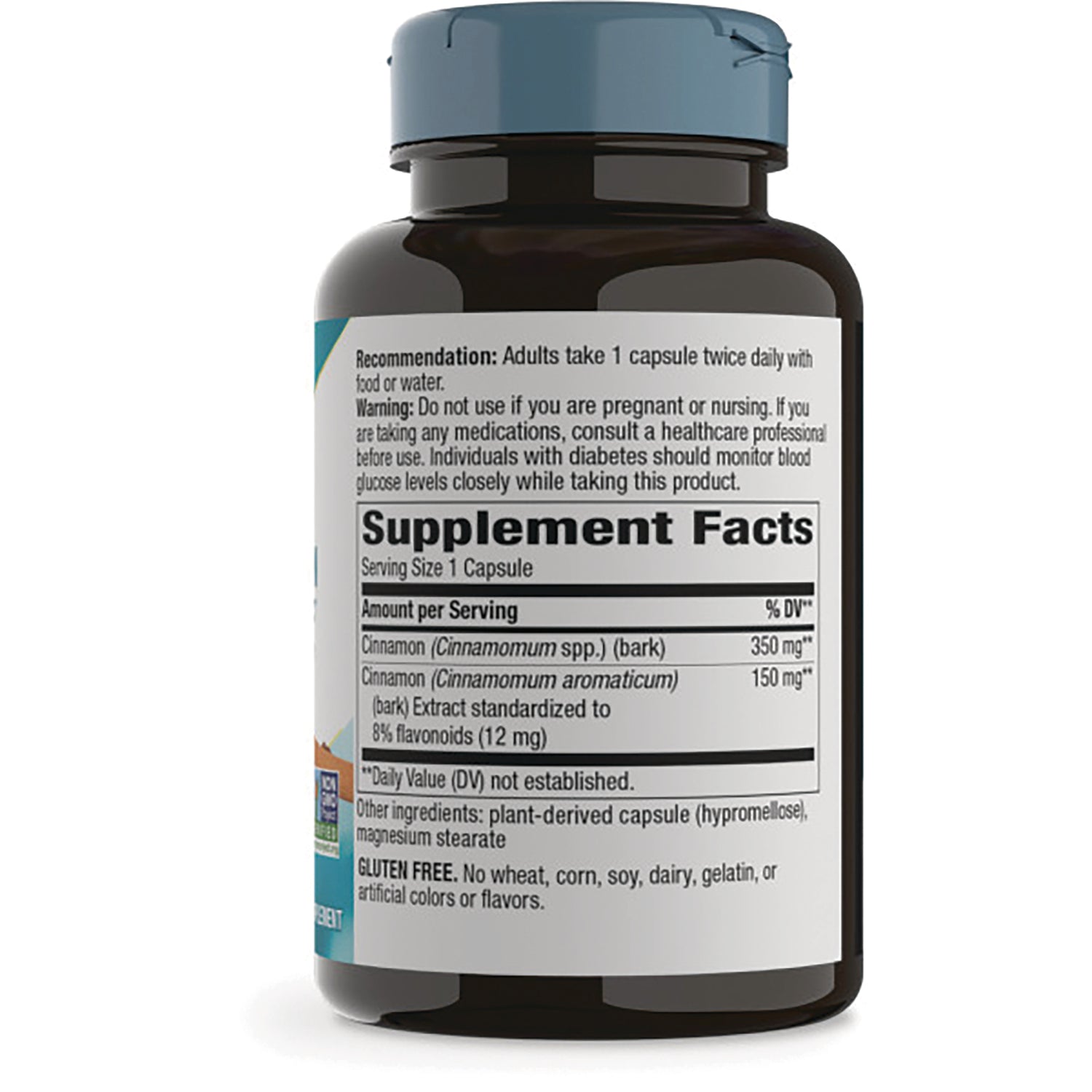 NW785 | Back of brown supplement bottle showing Supplement Facts panel and directions, cinnamon ingredient listing