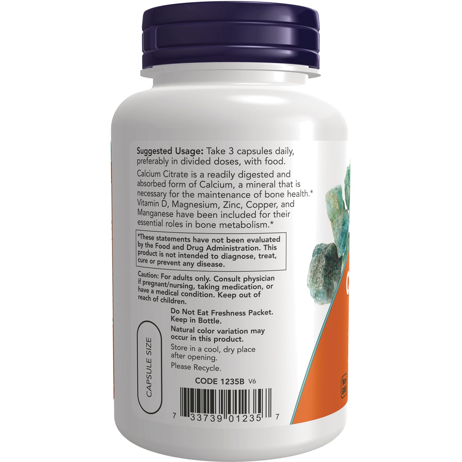 NWF660 | Back of white supplement bottle showing suggested usage, cautions, barcode and capsule size label