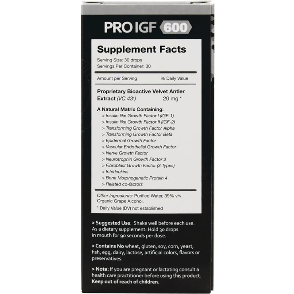 PSL006 | Back panel showing Supplement Facts, ingredients and suggested use on PRO IGF 600 box - Thumbnail