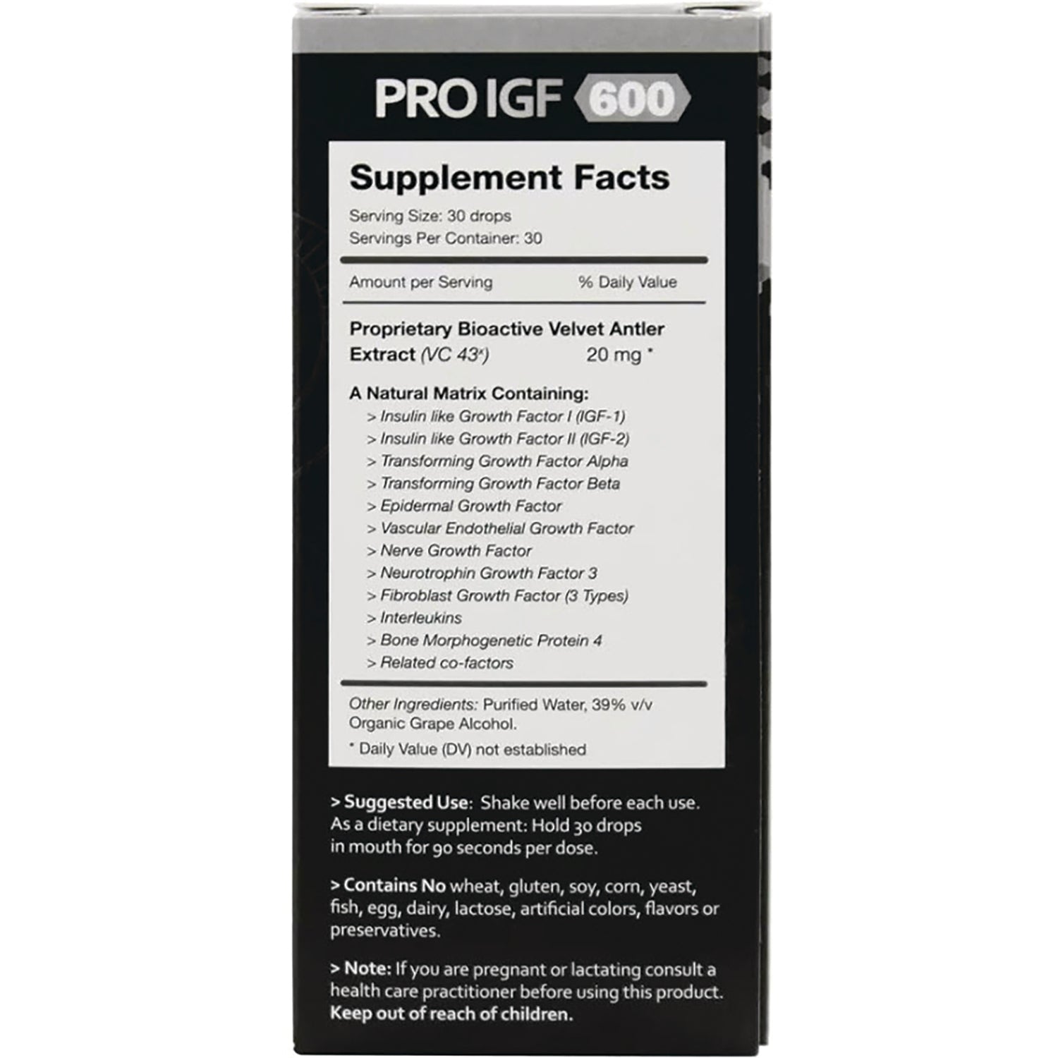 PSL006 | Back panel showing Supplement Facts, ingredients and suggested use on PRO IGF 600 box