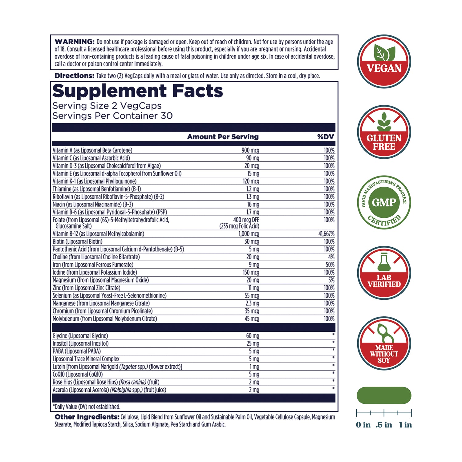 KL592 | back label showing Supplement Facts panel with ingredients, serving info, and certification icons