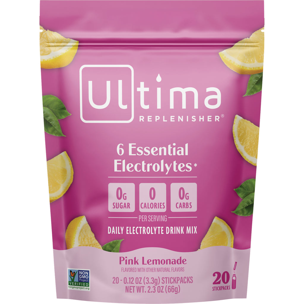 UHP025 | Ultima Replenisher Pink Lemonade electrolyte drink mix pouch, 6 essential electrolytes, 0 sugar, 0 calories, 20 stickpacks - Thumbnail