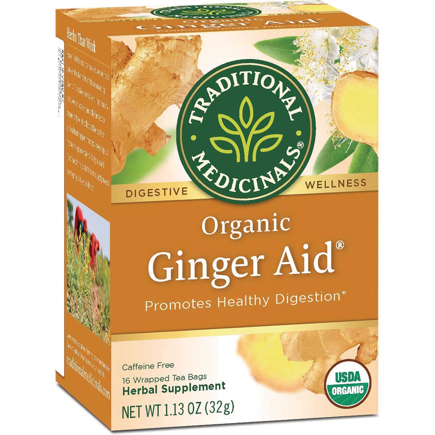 TMD017 | Traditional Medicinals Organic Ginger Aid tea box, Promotes Healthy Digestion, 16 bags, caffeine free, USDA Organic