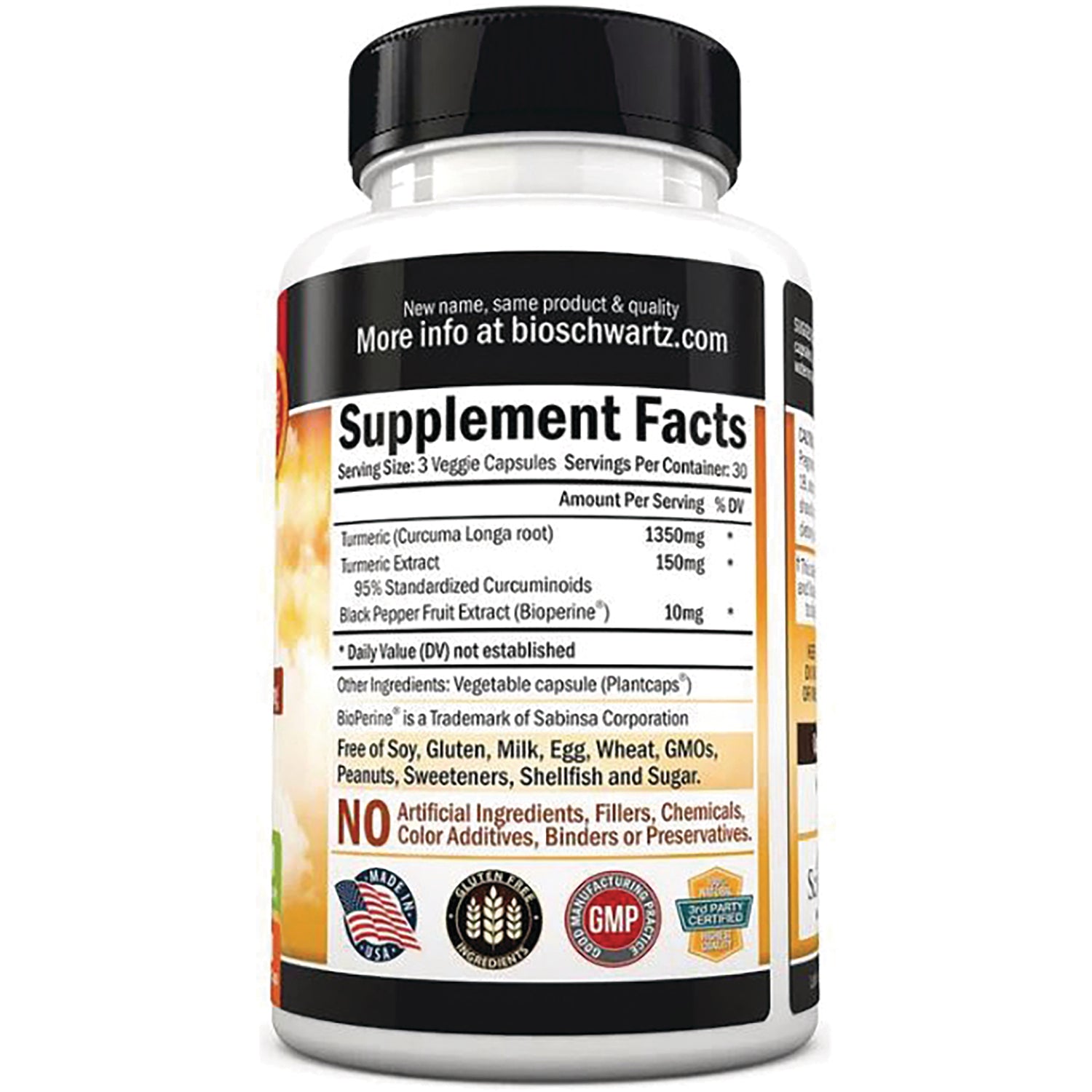 Supplement facts label on back of white supplement bottle showing serving size, ingredients, and certification icons