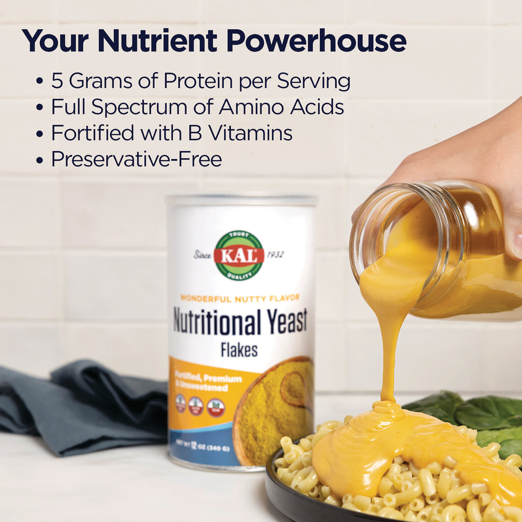 KL545 | KAL nutritional yeast flakes can with benefits text listing 5 grams protein, full amino acids, B vitamins, preservative-free, and sauce poured over pasta - Thumbnail