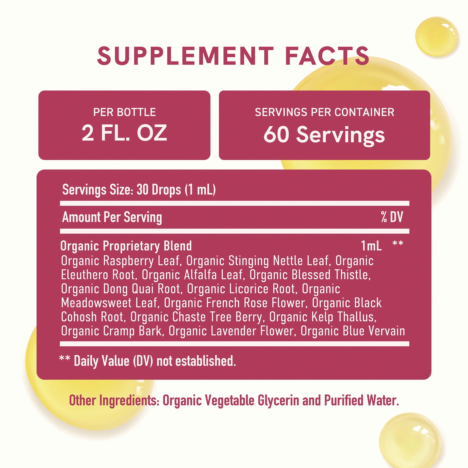 SMT012 | supplement facts back label showing per bottle 2 fl oz, 60 servings, serving size 30 drops (1 mL), organic proprietary blend