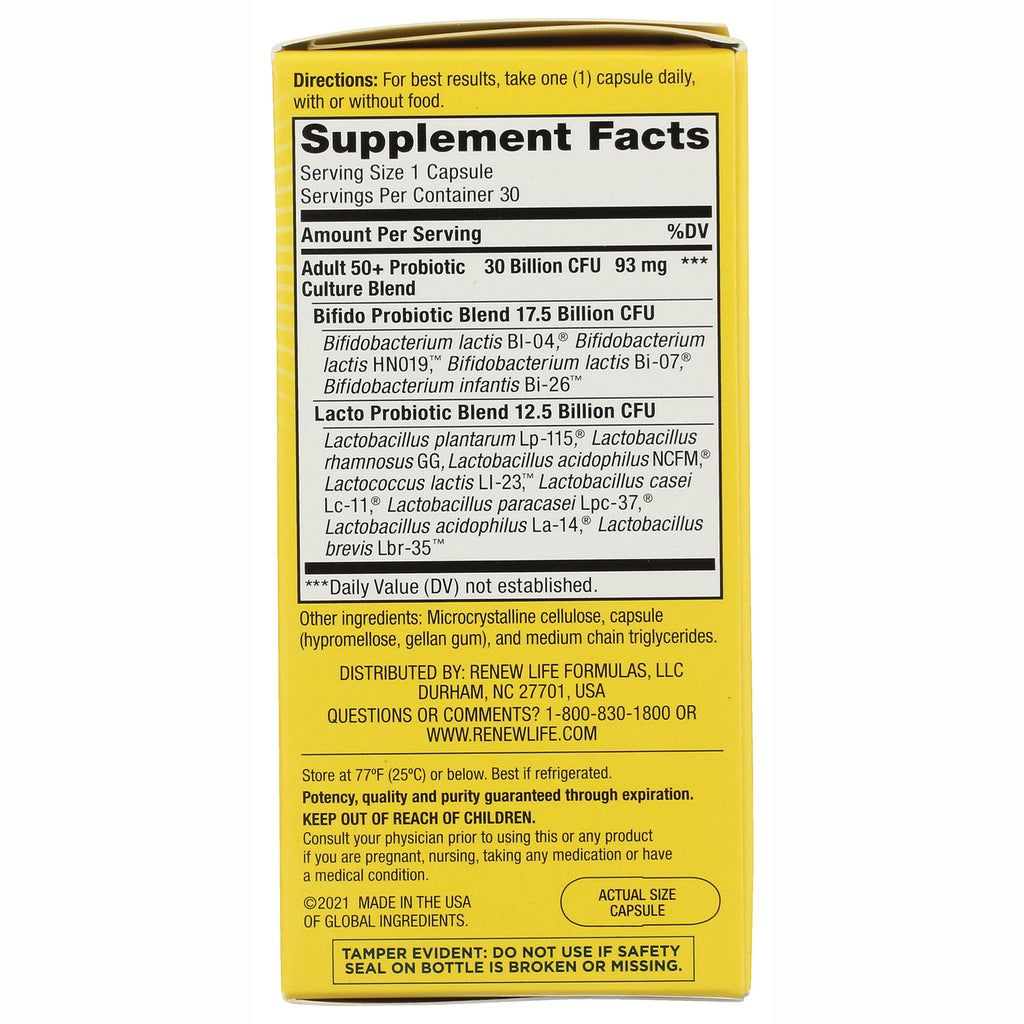 RNL237 | Back of yellow supplement box showing Supplement Facts panel with probiotic blends, serving size, and other ingredients - Thumbnail
