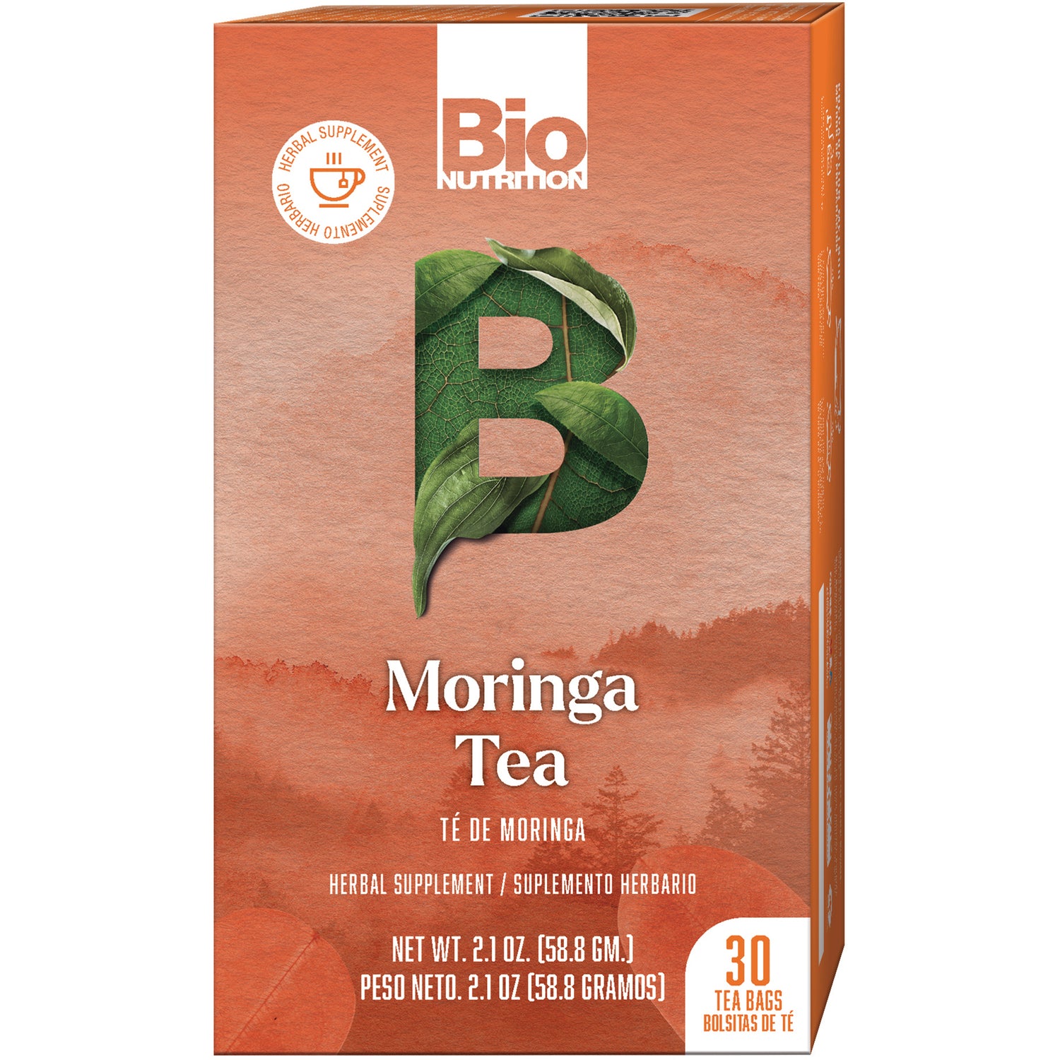 BNN047 | Box front of Bio Nutrition Moringa Tea packaging showing brand, Moringa Tea label and 30 tea bags