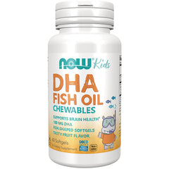 NWF681 | NOW Kids DHA fish oil chewables bottle showing front label with orange accents and hippo character
