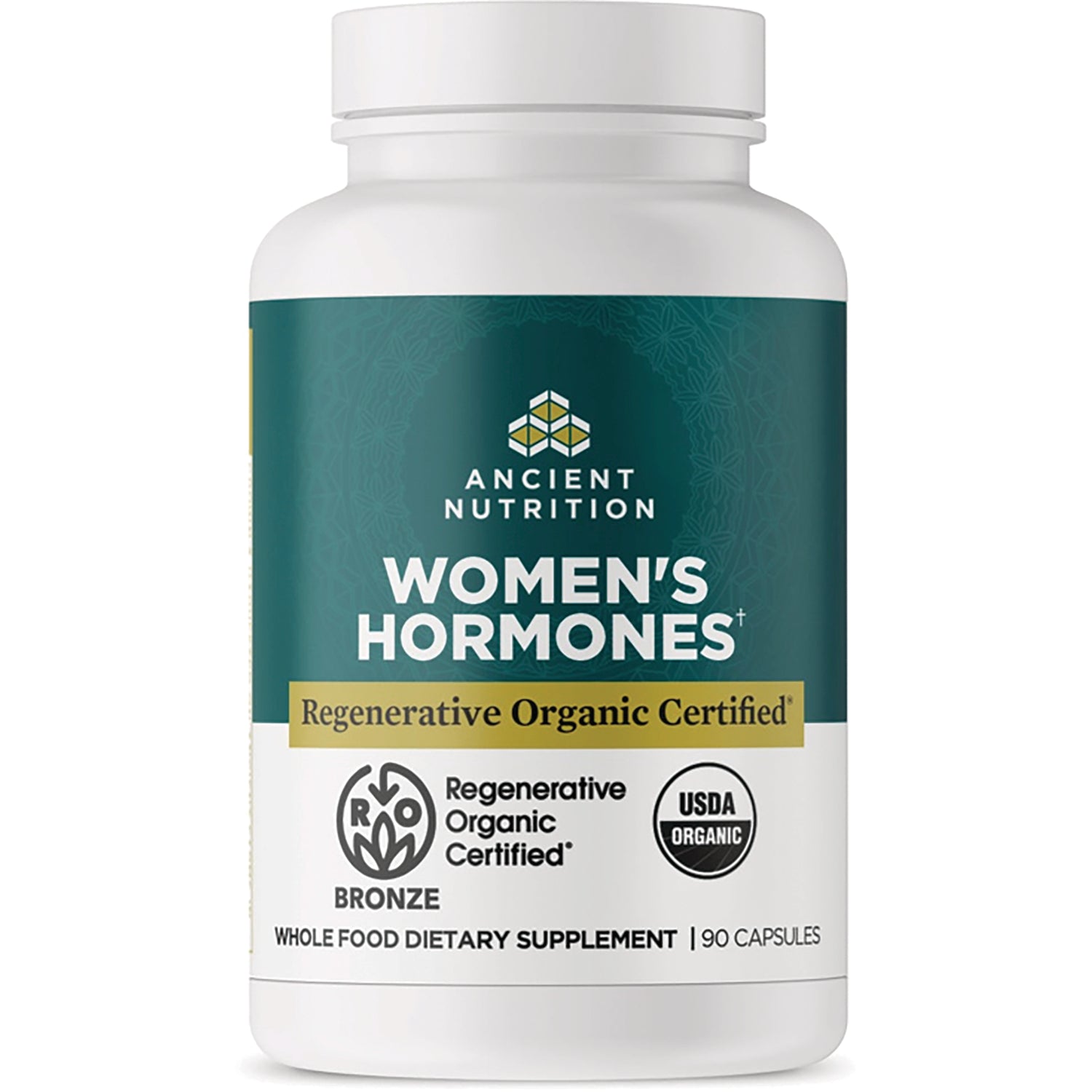 ATN122 | Ancient Nutrition Women's Hormones supplement bottle with regenerative organic certified label, 90 capsules