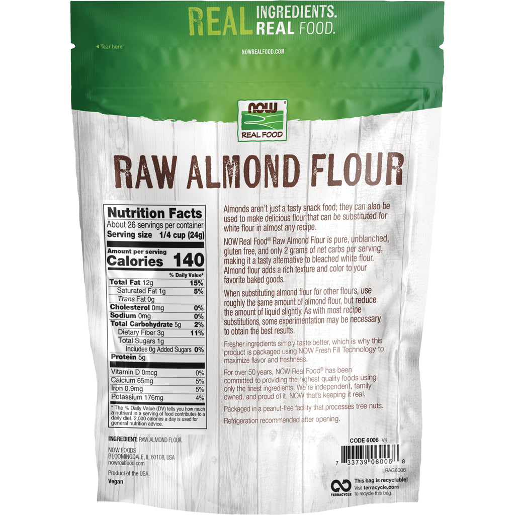 NWF1216 | back of raw almond flour pouch showing Nutrition Facts panel, product description and barcode - Thumbnail