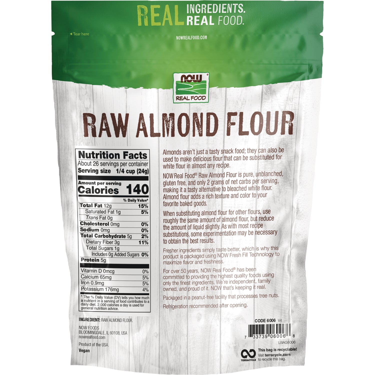 NWF1216 | back of raw almond flour pouch showing Nutrition Facts panel, product description and barcode
