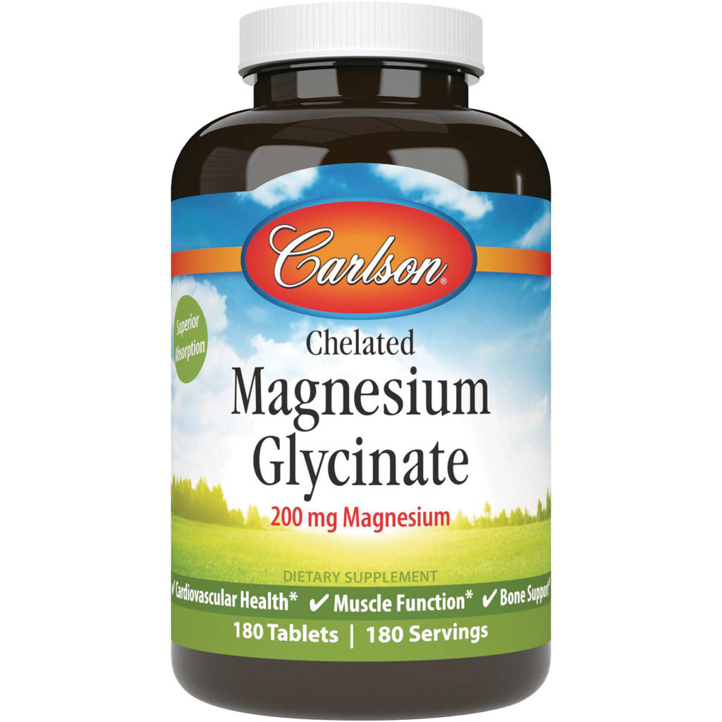 CSN314 | Carlson Chelated Magnesium Glycinate 200 mg dietary supplement bottle front label - Thumbnail