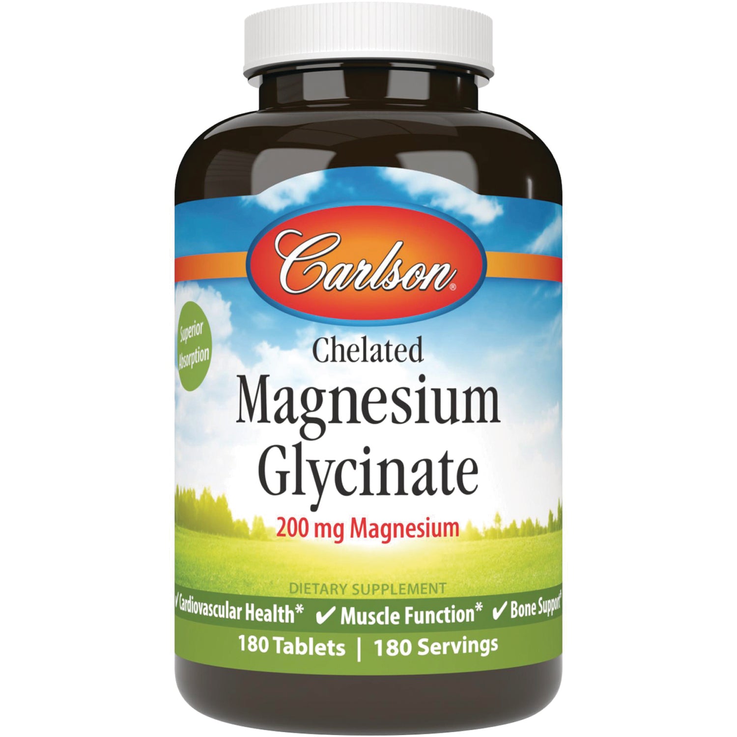 CSN314 | Carlson Chelated Magnesium Glycinate 200 mg dietary supplement bottle front label