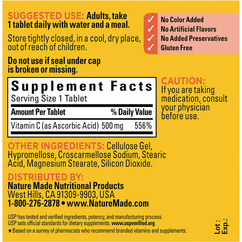 NTM051 | Back label showing Supplement Facts listing Vitamin C (as Ascorbic Acid) 500 mg 556%, suggested use, other ingredients, and distributor info - Thumbnail