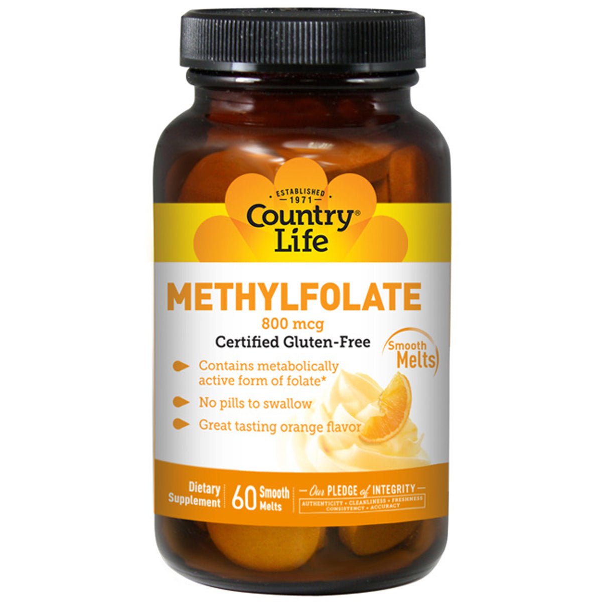 CRL607 | Country Life Methylfolate 800 mcg bottle, 60 Smooth Melts orange flavored dietary supplement
