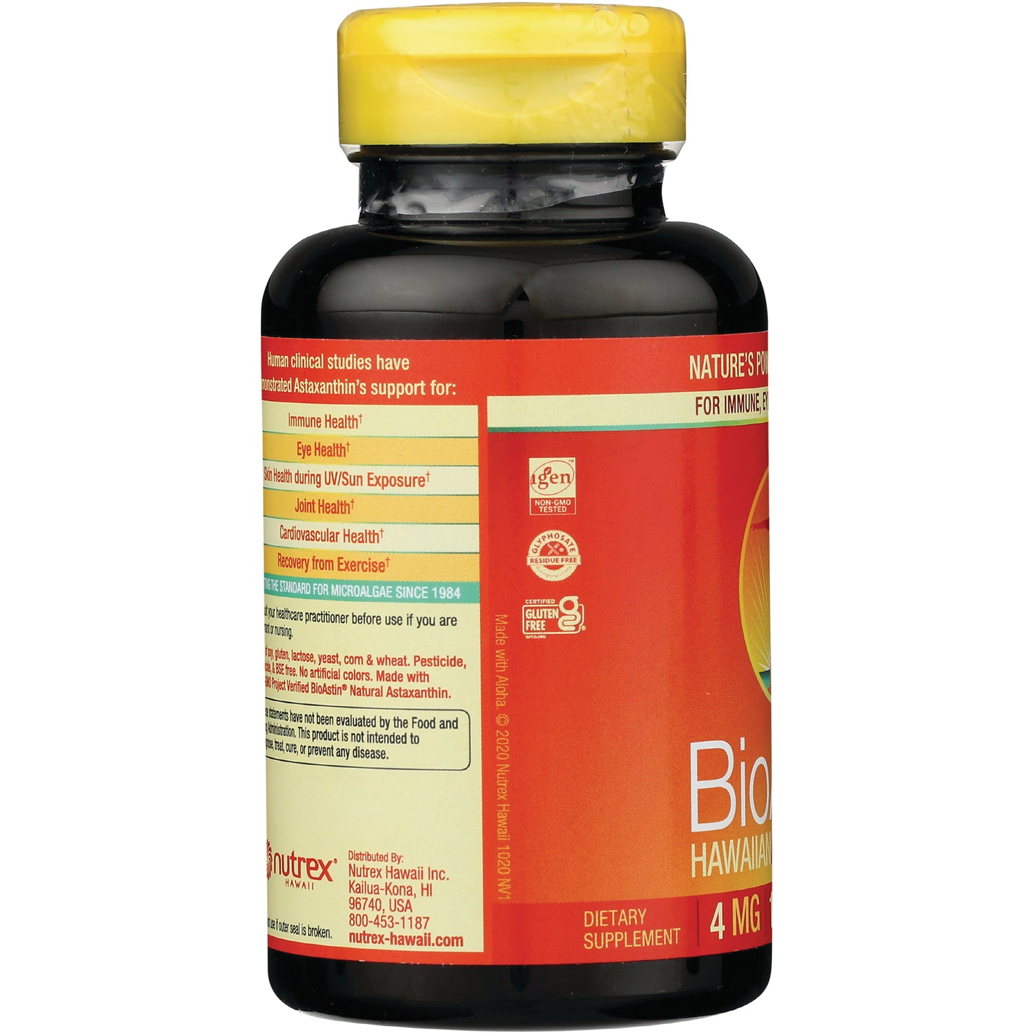 NUT006 | side label of supplement bottle showing benefit list, certification icons, and partial nutrition info