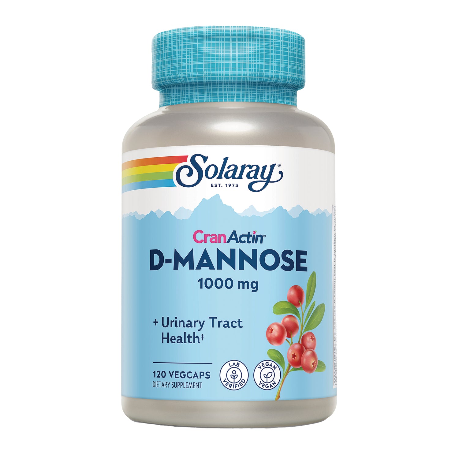 SLR505 | Solaray CranActin D-Mannose 1000 mg bottle front label with cranberry illustration, 120 vegcaps