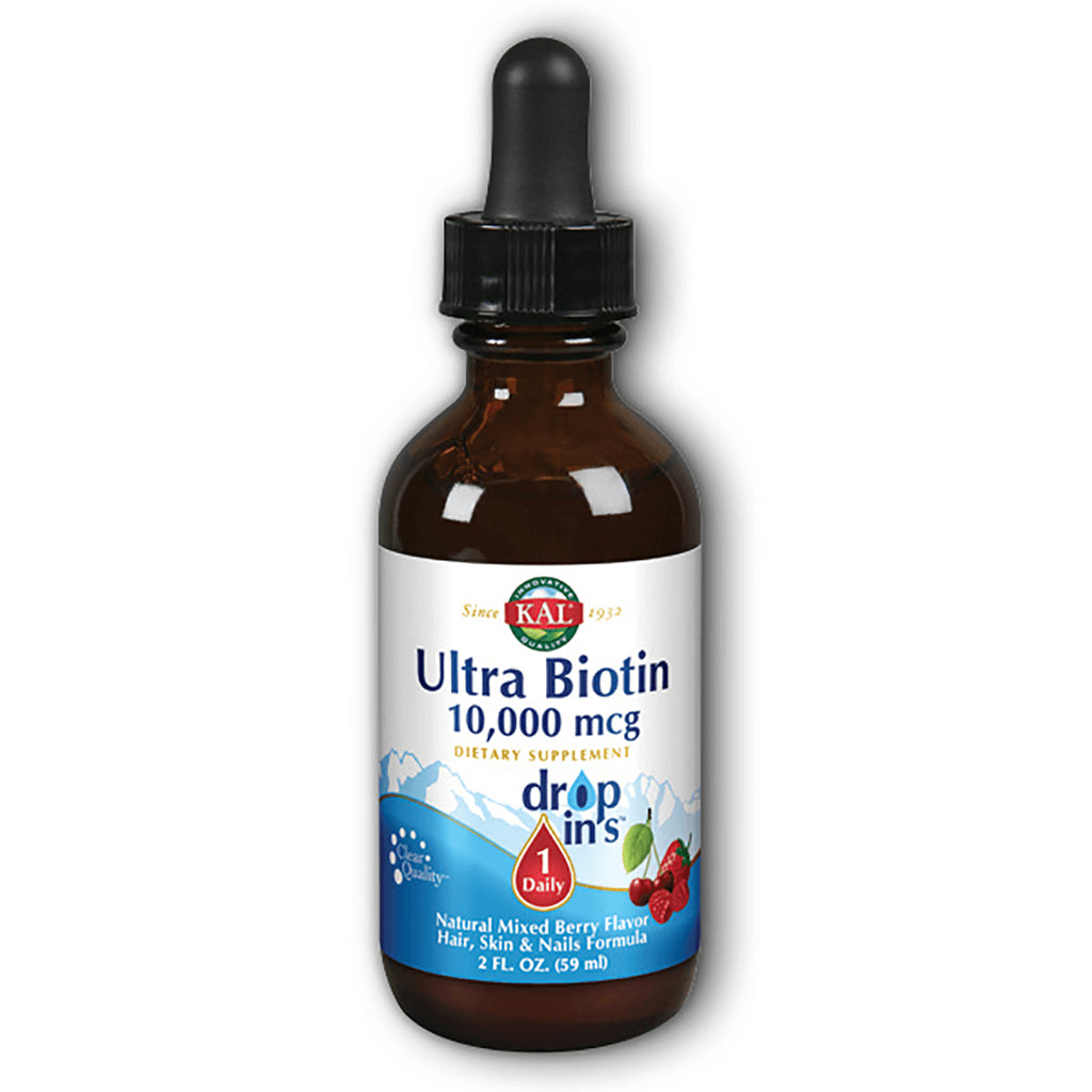 KL553 | Amber dropper bottle labeled Ultra Biotin 10,000 mcg drop ins, natural mixed berry flavor, 2 fl oz - Thumbnail