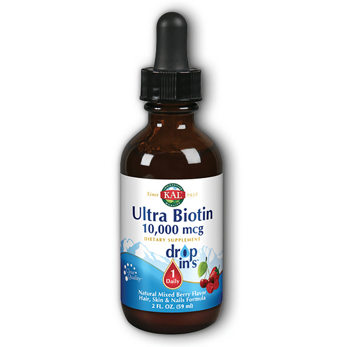 KL553 | Amber dropper bottle labeled Ultra Biotin 10,000 mcg drop ins, natural mixed berry flavor, 2 fl oz