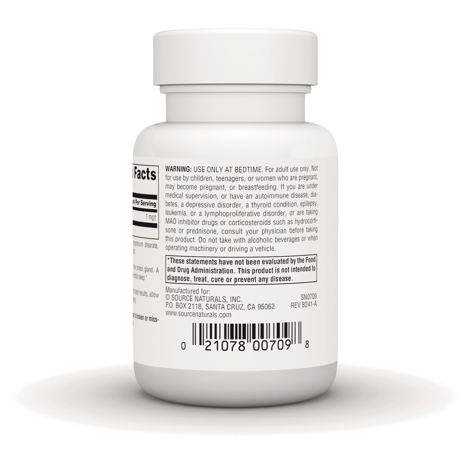 SN254 | Back label with warning text, manufacturer info, and barcode on Source Naturals bottle