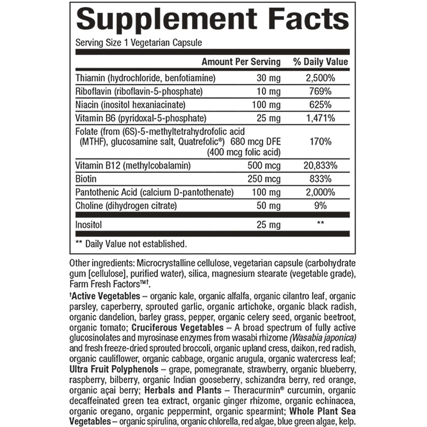 NFC213 | Supplement Facts panel with vitamins, amounts per serving and other ingredients list