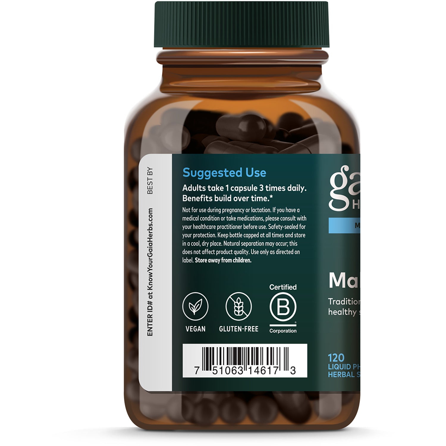 GH092 | Back label of amber supplement bottle showing Suggested Use instructions, vegan and gluten-free icons and barcode