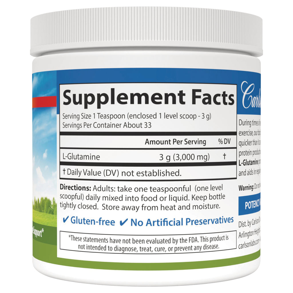 CSN126 | Supplement facts label showing L-Glutamine 3 g per serving, directions and gluten-free no artificial preservatives - Thumbnail