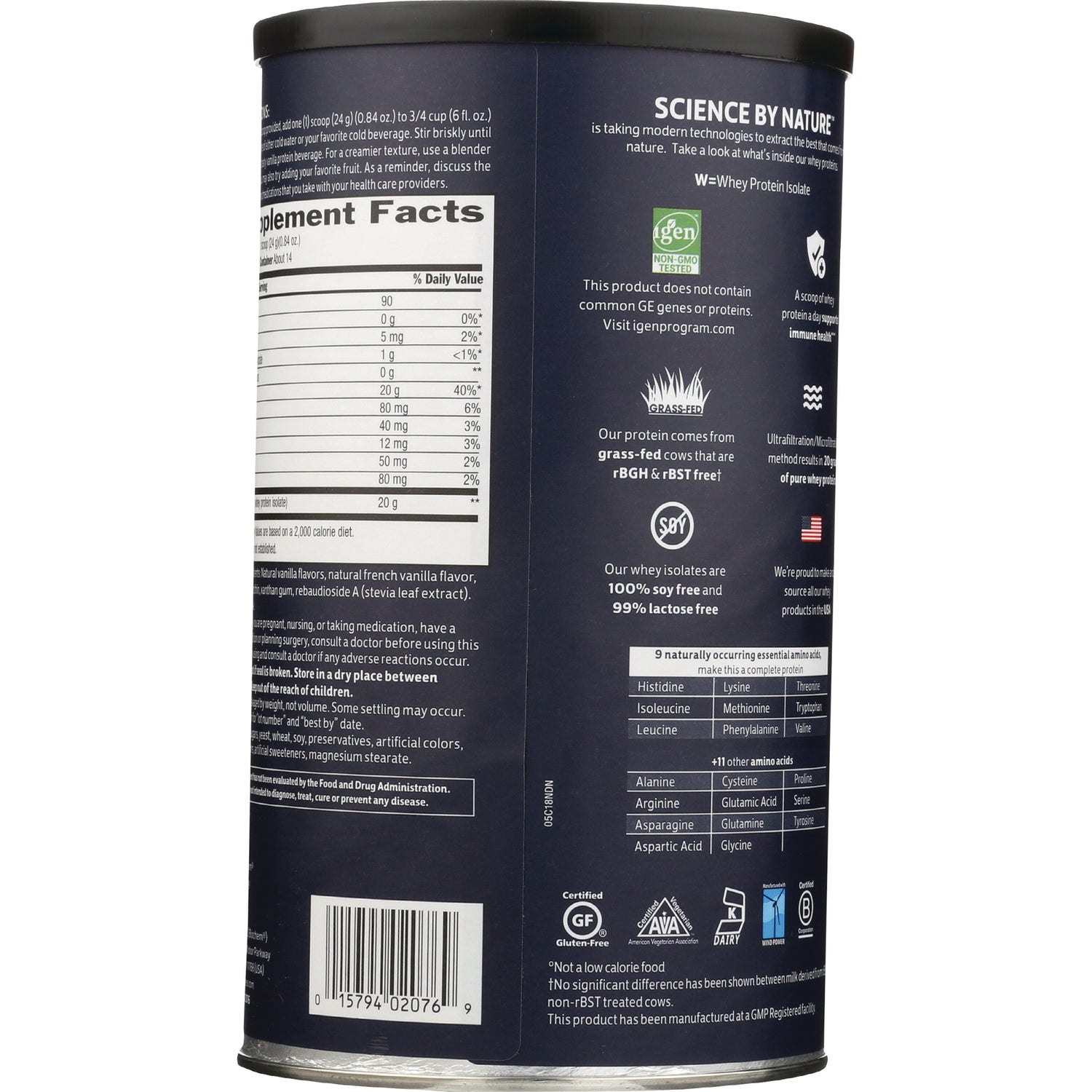 CRL590 | Back of navy supplement can showing Supplement Facts panel, certifications, and barcode