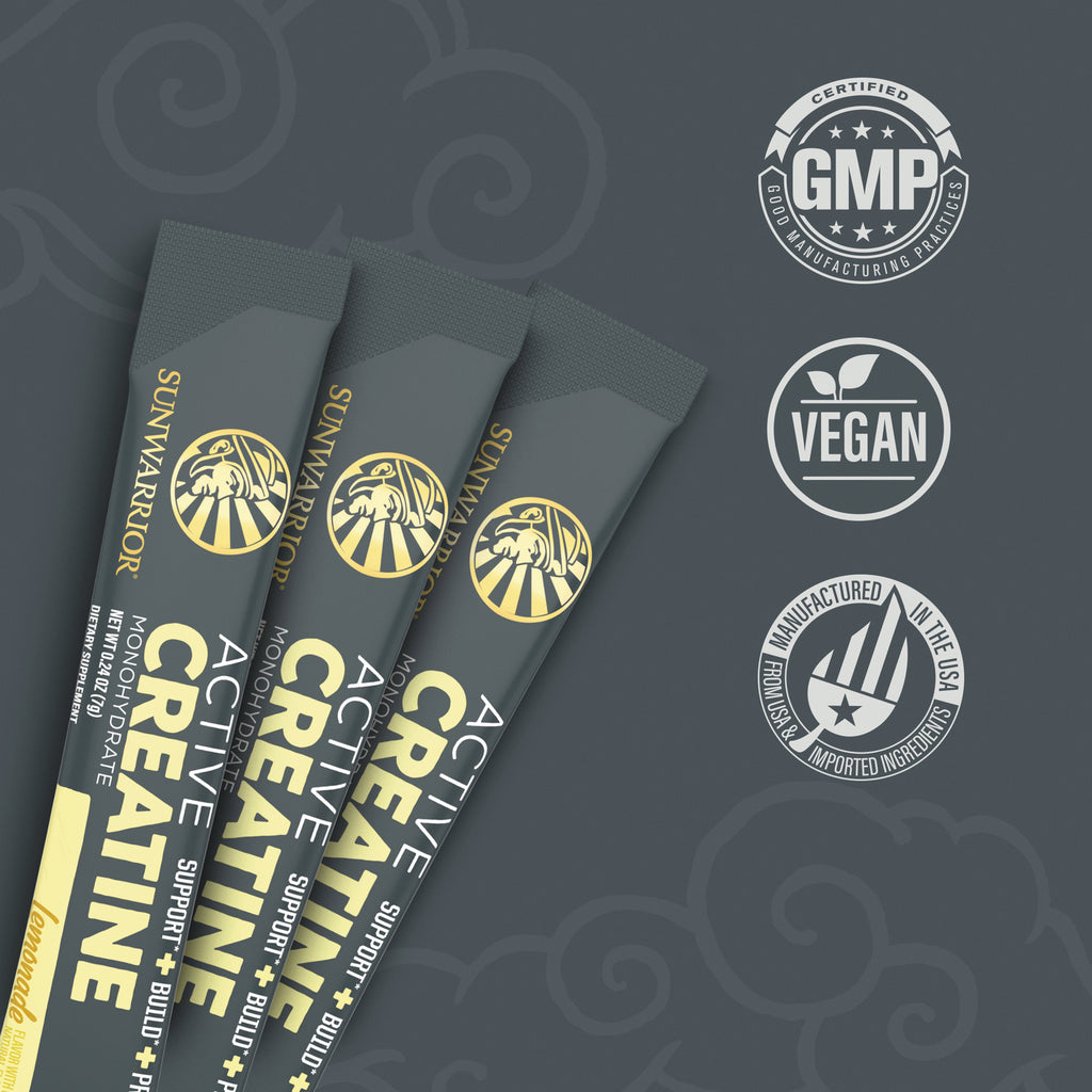 SNW065 | Sunwarrior Active Creatine stick packs with badges: Certified GMP, Vegan, Manufactured in the USA - Thumbnail