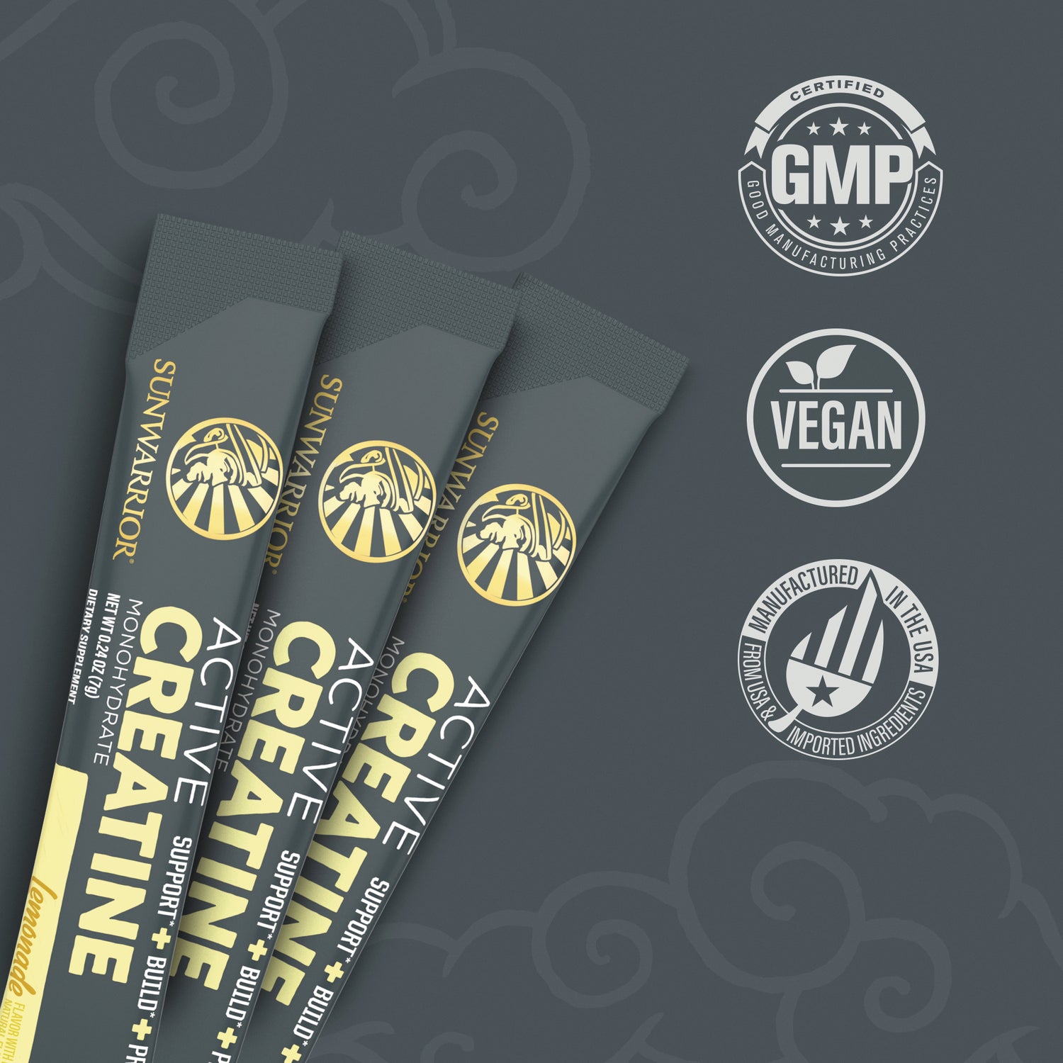 SNW065 | Sunwarrior Active Creatine stick packs with badges: Certified GMP, Vegan, Manufactured in the USA