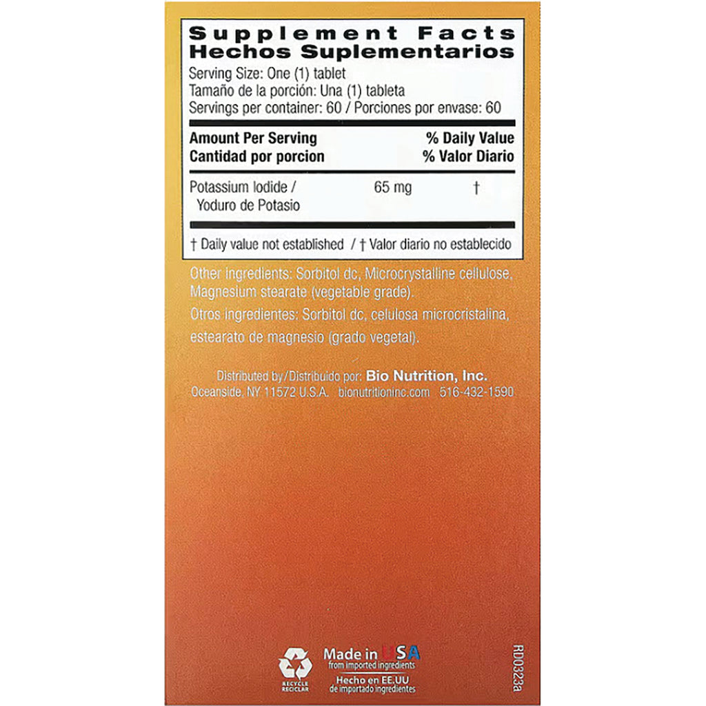 BNN067 | back label showing Supplement Facts in English and Spanish, serving size one tablet, potassium iodide 65 mg and other ingredients - Thumbnail