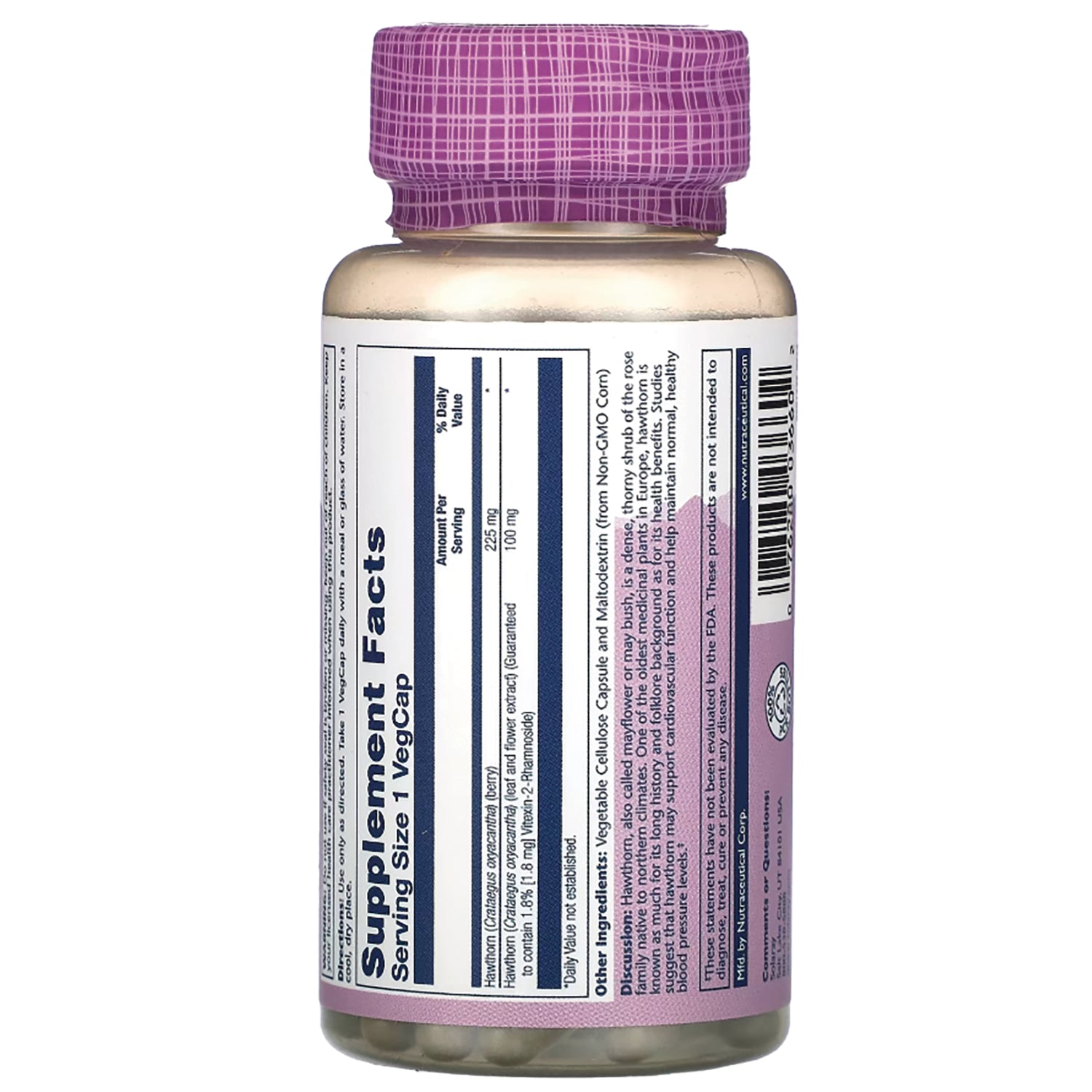 SLR434 | Back of supplement bottle showing Supplement Facts table and ingredient and barcode text on label