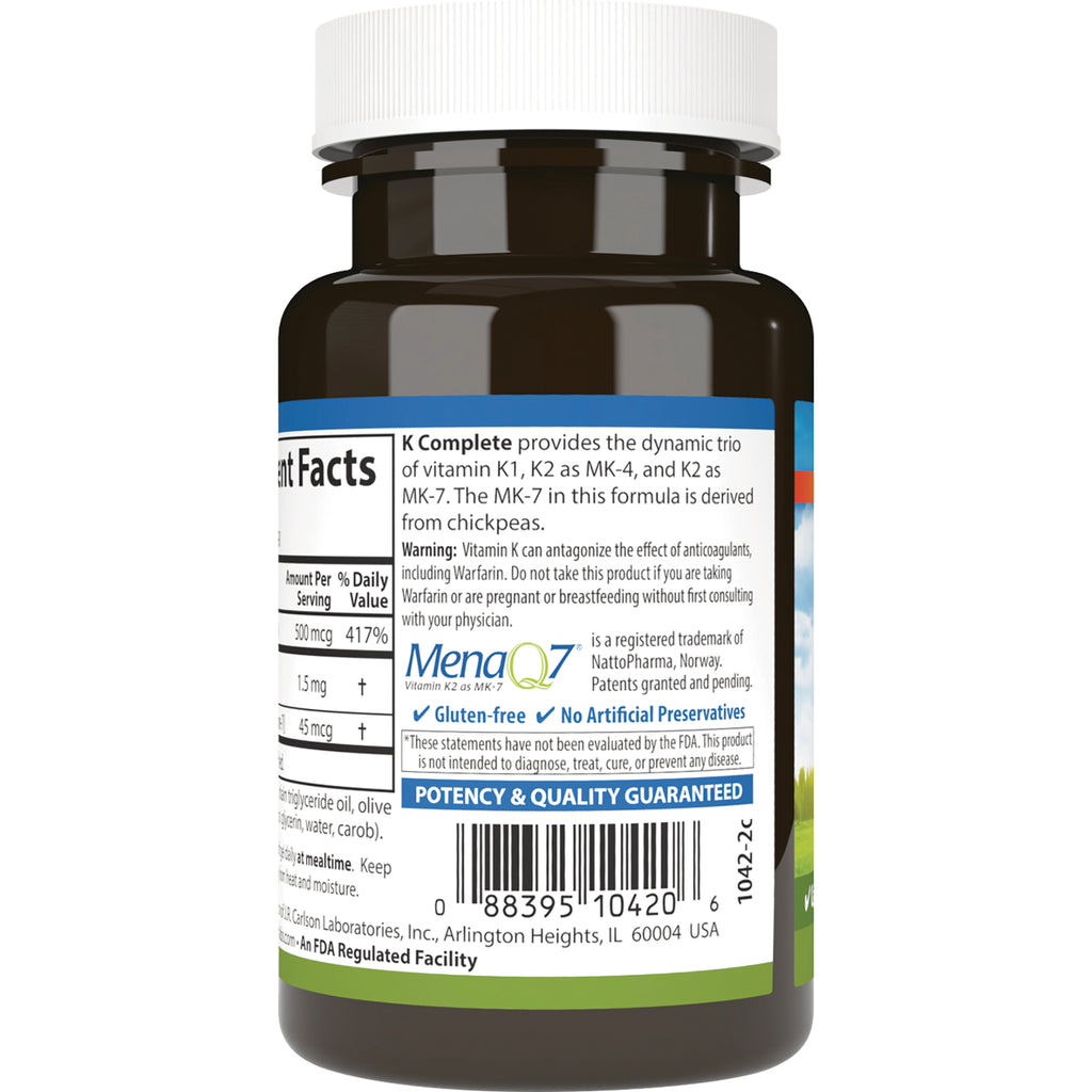 CSN259 | Back label of vitamin K supplement bottle showing supplement facts, warning text, MenaQ7 logo and barcode - Thumbnail
