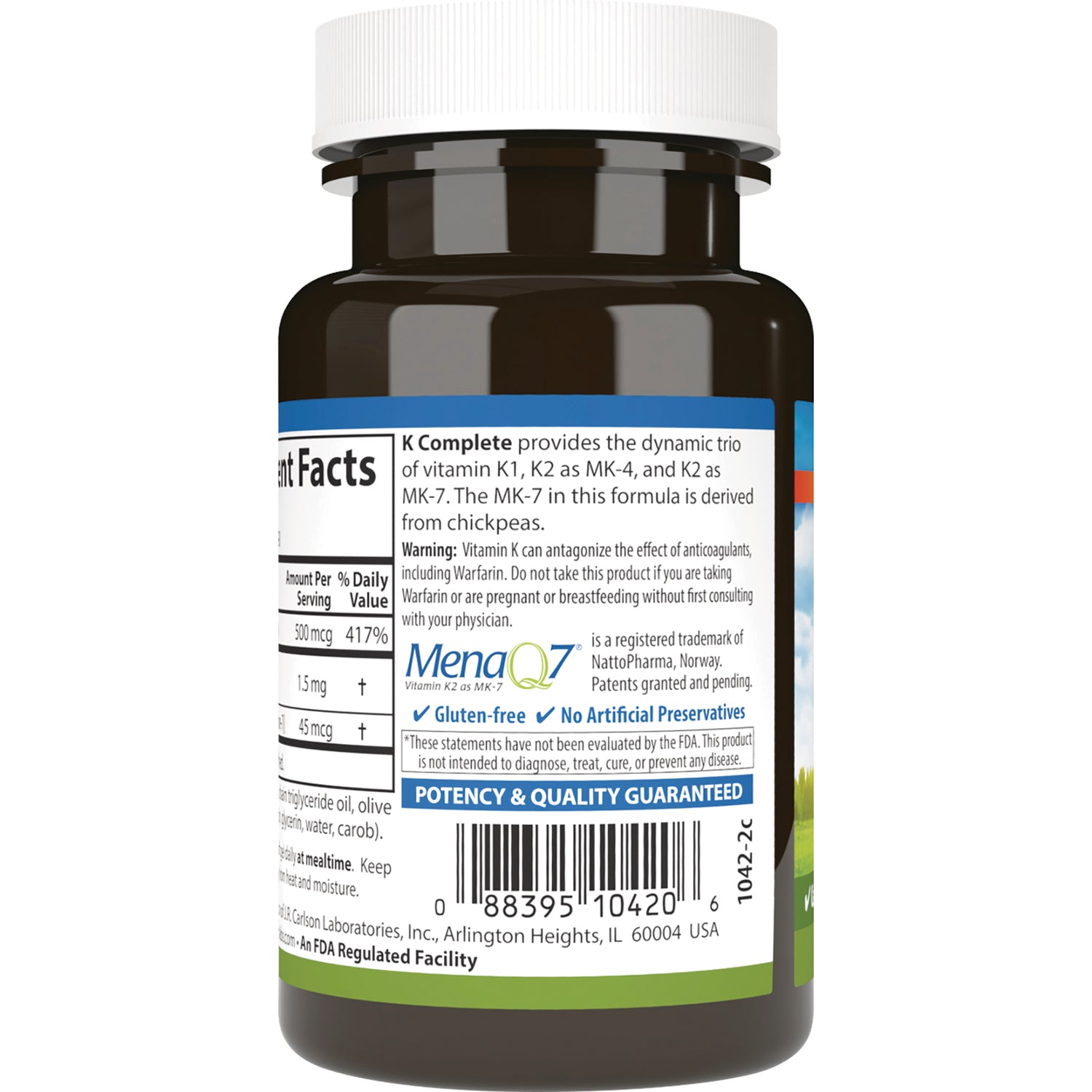 CSN259 | Back label of vitamin K supplement bottle showing supplement facts, warning text, MenaQ7 logo and barcode