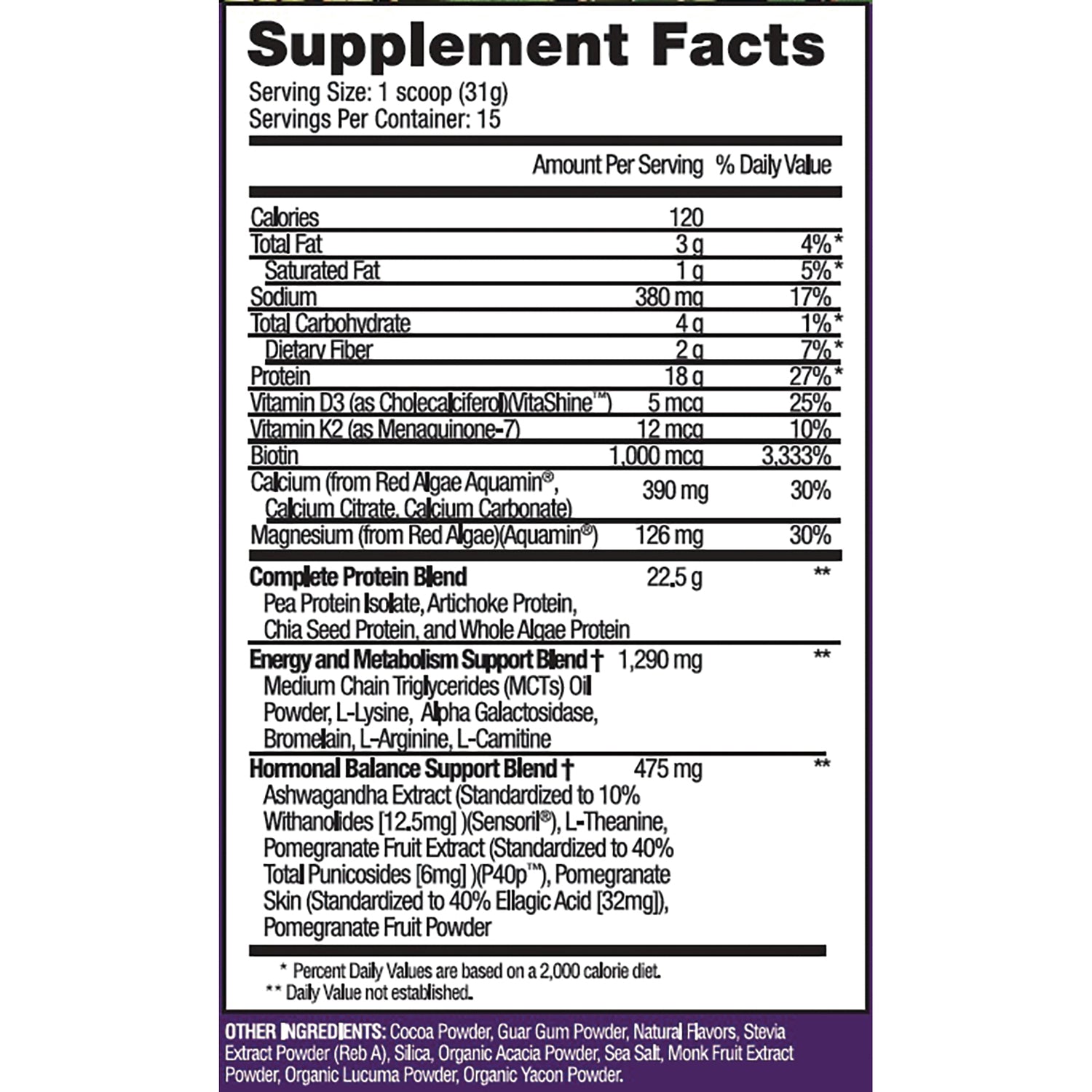 PFU029 | Supplement Facts nutrition label showing serving size, calories, vitamins, minerals, blends and other ingredients