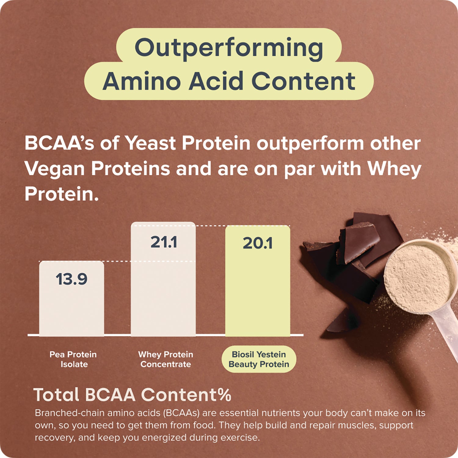 NFC221 | Infographic comparing BCAA content in pea protein, whey protein concentrate, and Biosil Yestein Beauty Protein