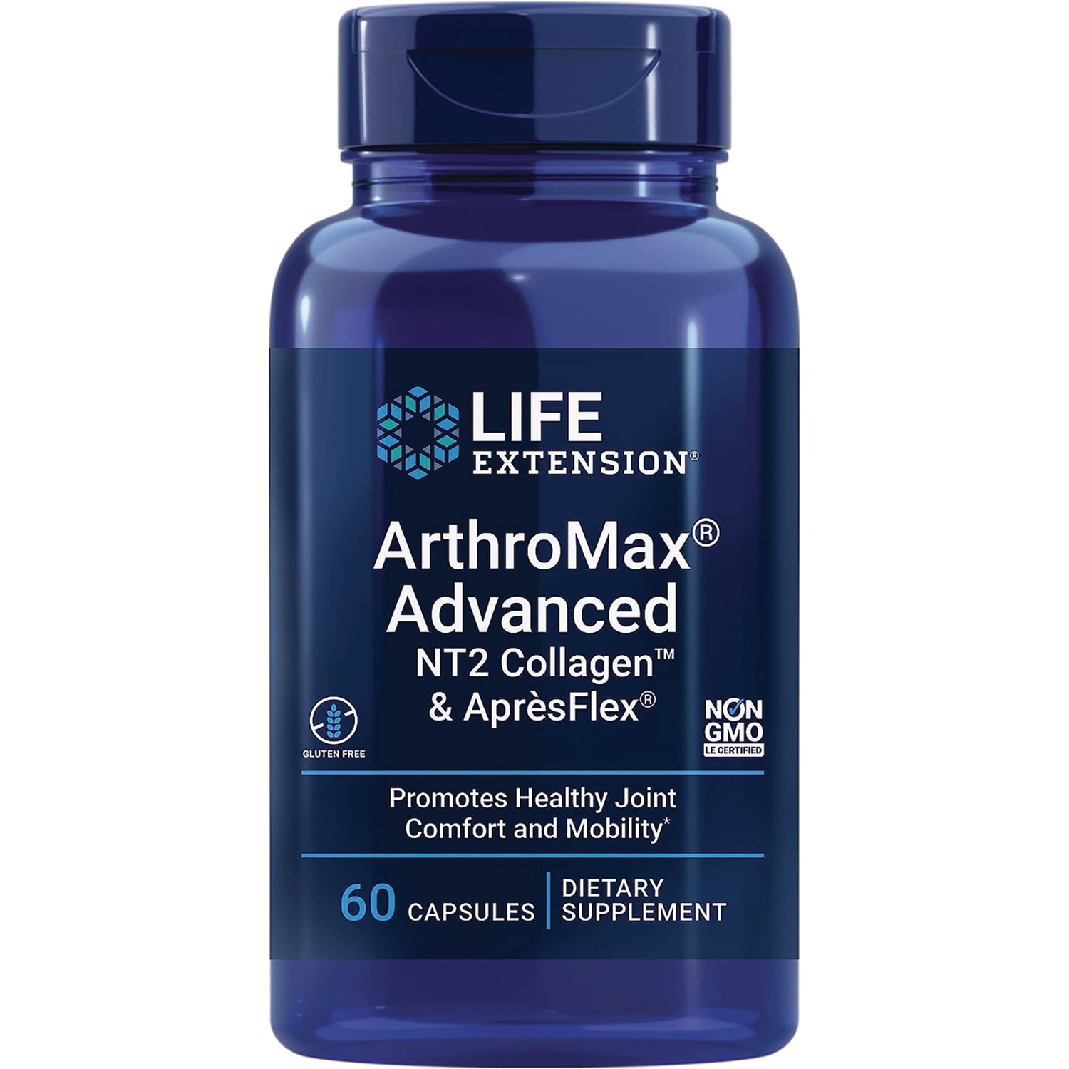 LE450 | Life Extension ArthroMax Advanced NT2 Collagen & AprsFlex dietary supplement bottle, 60 capsules, promotes joint comfort and mobility