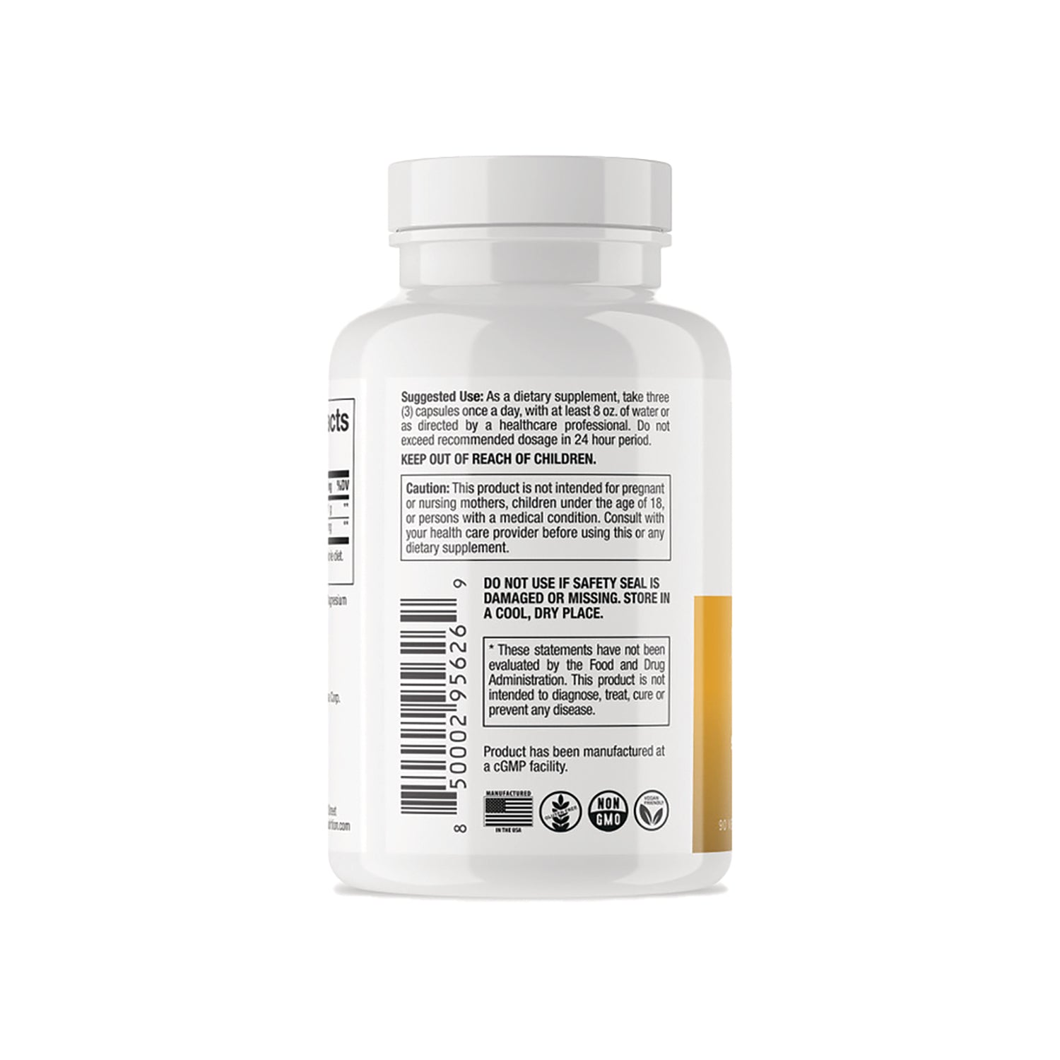 DRE003 | back label of white supplement bottle showing usage instructions, caution box, barcode and certification icons