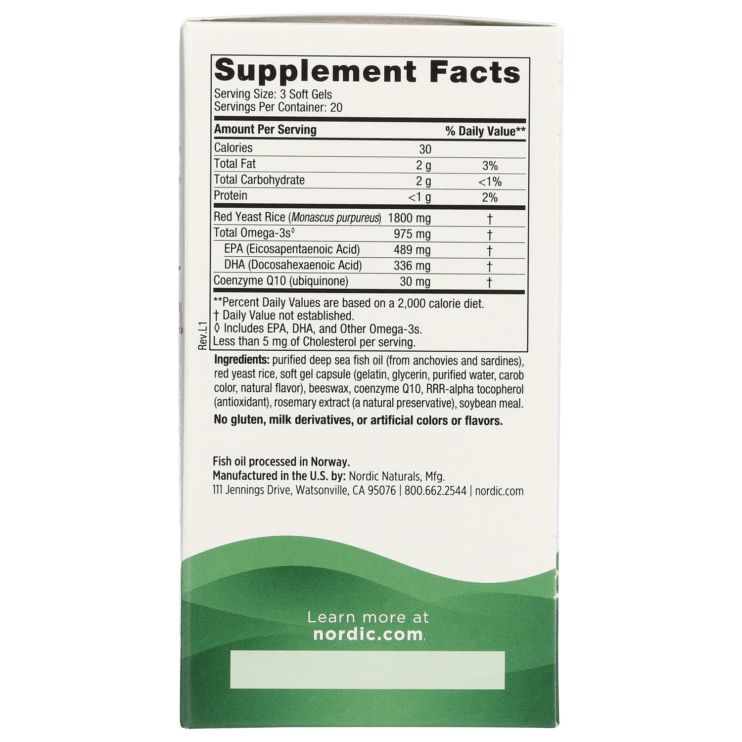 NRN025 | Supplement Facts panel and ingredient list for fish oil soft gels showing serving size and omega-3 amounts