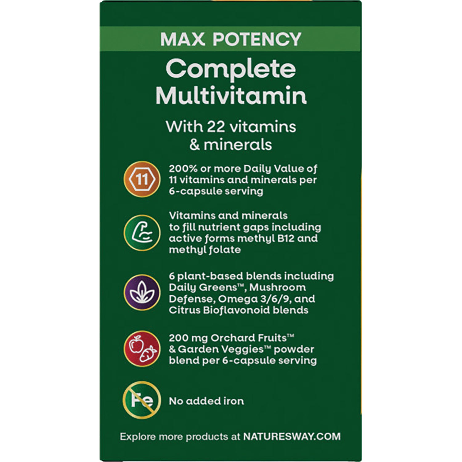 NW655 | Complete Multivitamin infographic: 22 vitamins and minerals, 6 plant-based blends, 200 mg fruit and veggie blend per 6-capsule serving, no added iron