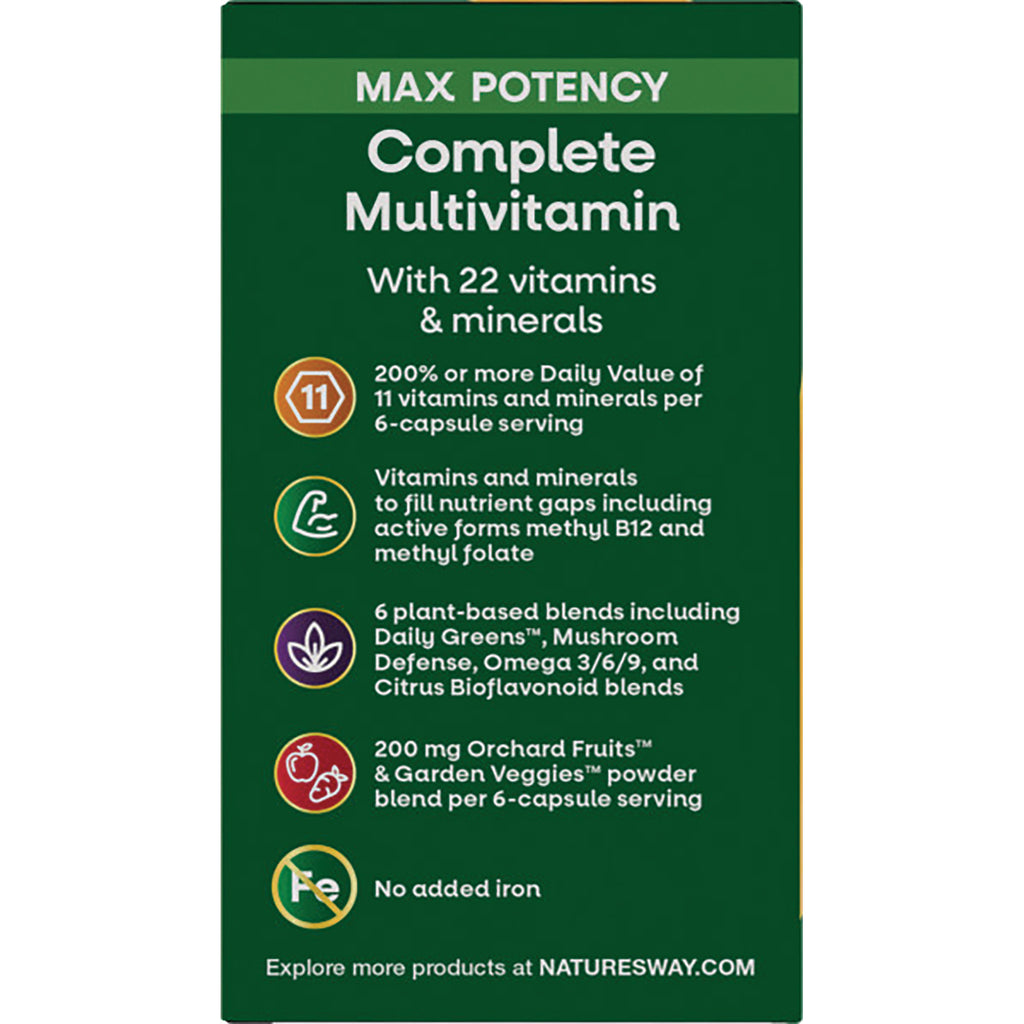 NW655 | Complete Multivitamin infographic: 22 vitamins and minerals, 6 plant-based blends, 200 mg fruit and veggie blend per 6-capsule serving, no added iron - Thumbnail