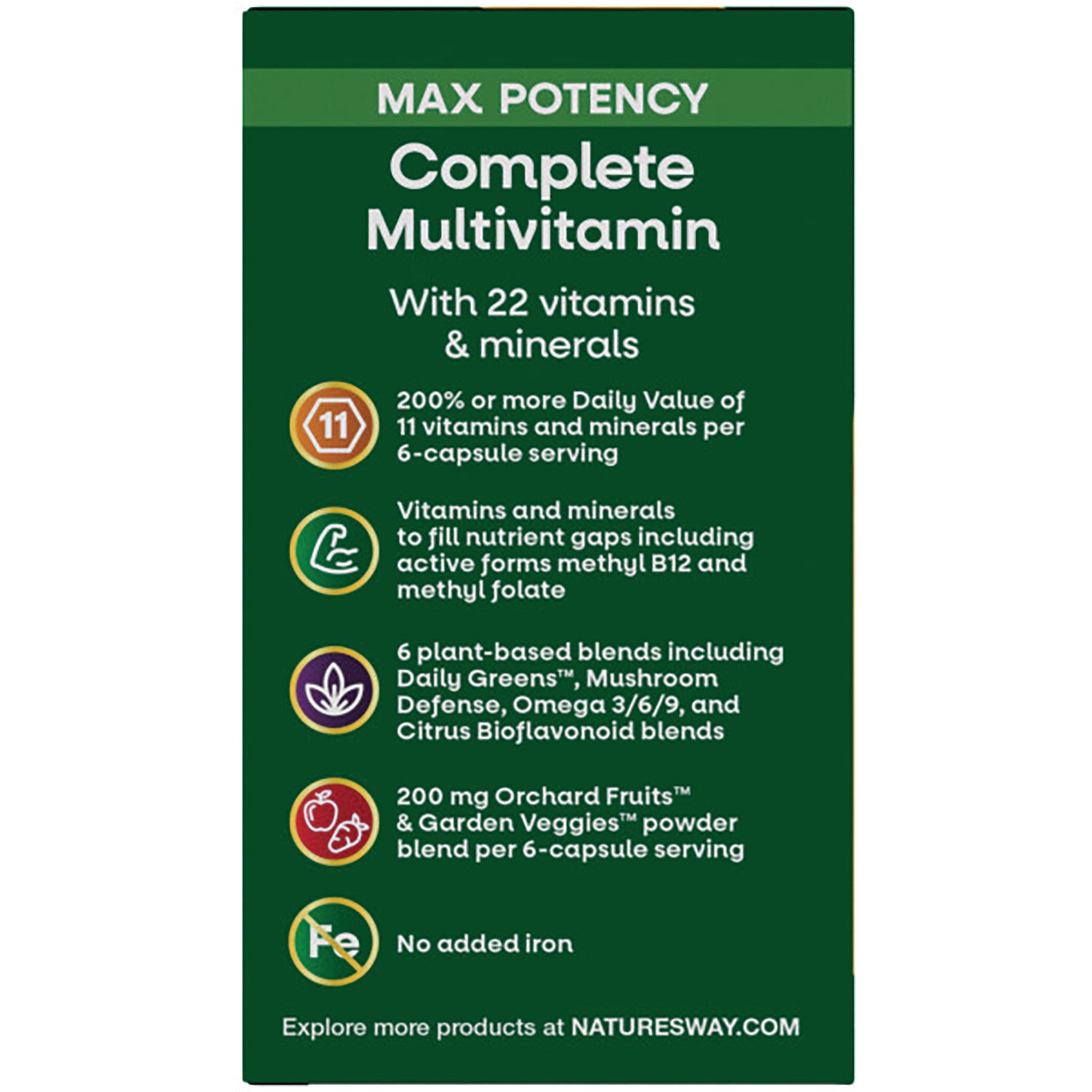 NW655 | Complete Multivitamin infographic: 22 vitamins and minerals, 6 plant-based blends, 200 mg fruit and veggie blend per 6-capsule serving, no added iron