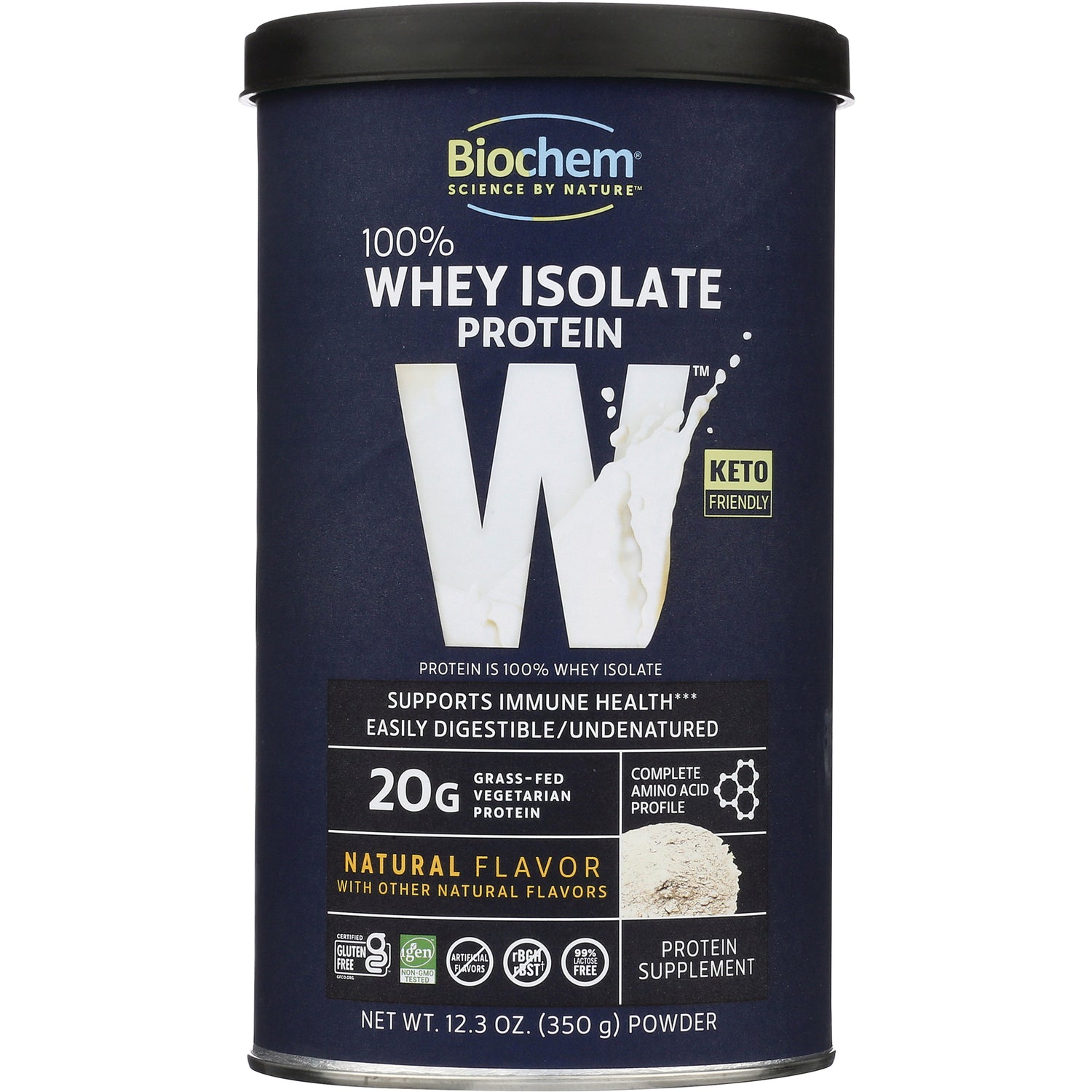 CRL232 | Biochem 100% Whey Isolate protein powder can, natural flavor, 20g protein, 12.3 oz