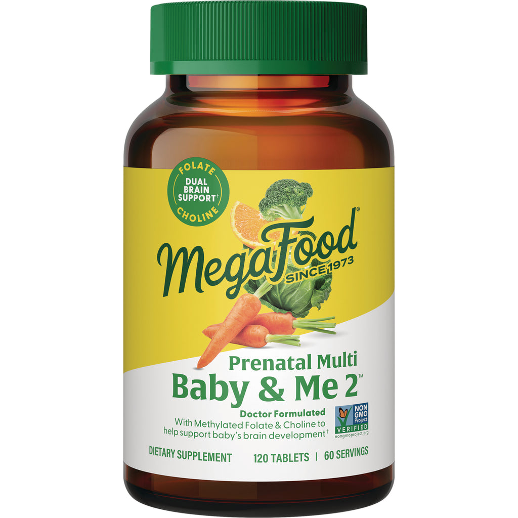 MGF069 | MegaFood Baby & Me 2 prenatal multi bottle with green cap and carrots and broccoli on label - Thumbnail