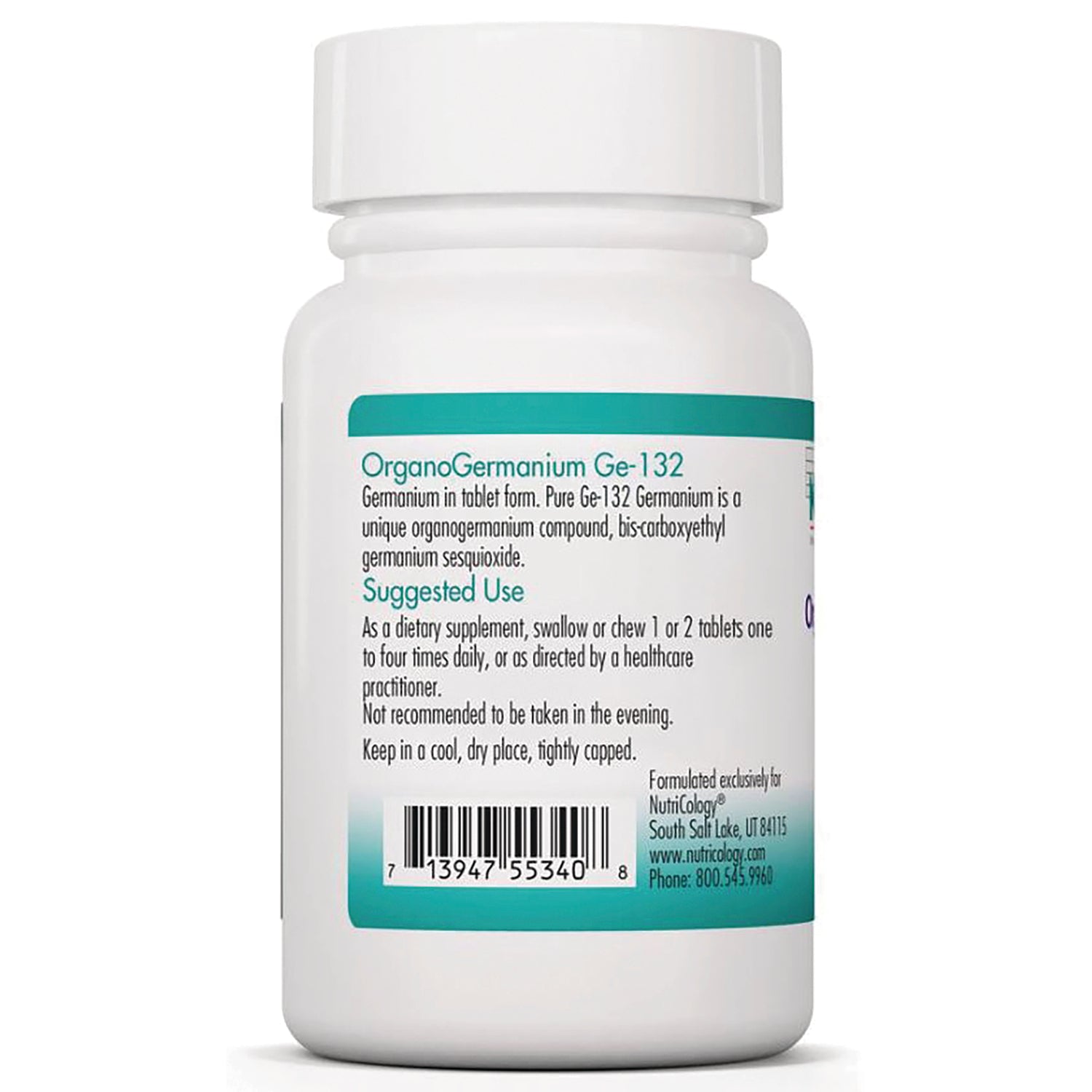 NCL100 | Back of white supplement bottle showing OrganoGermanium Ge-132 label, suggested use text and barcode