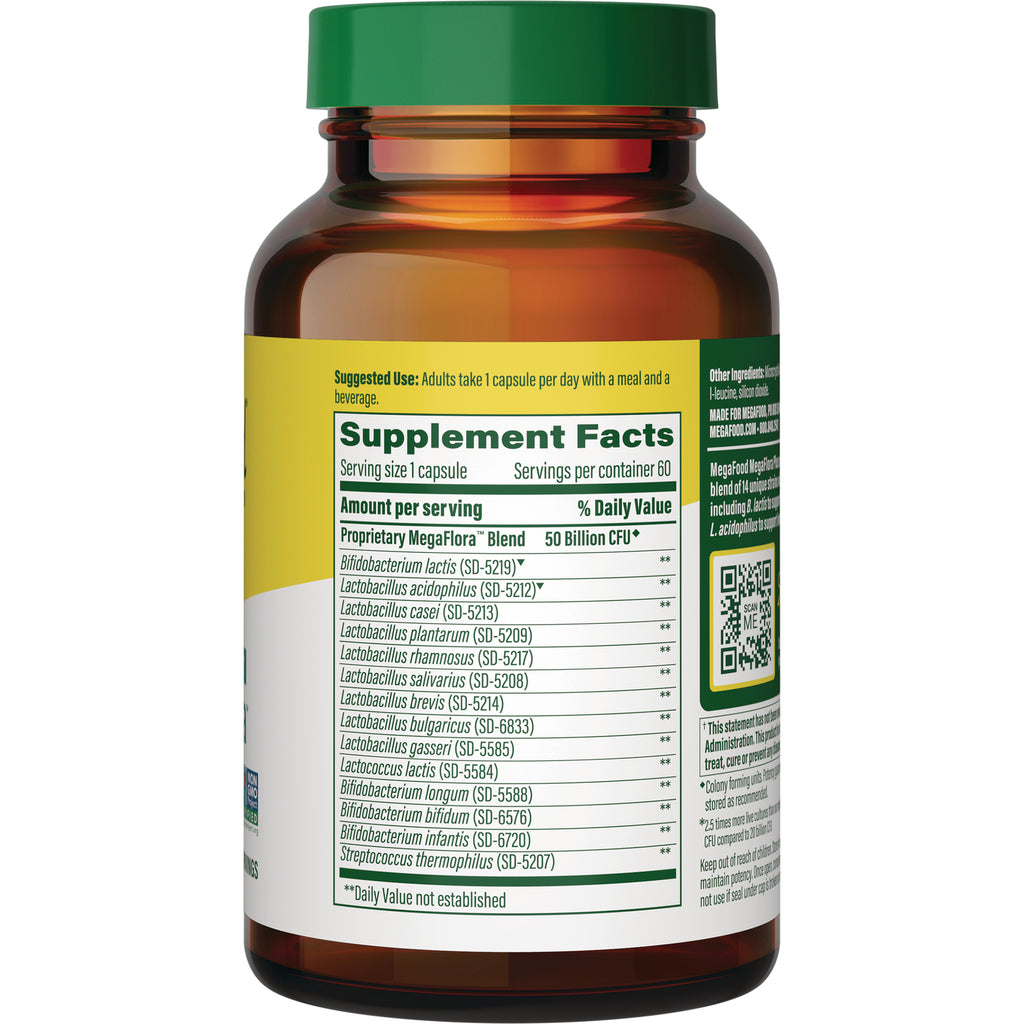 MGF061 | Amber supplement bottle back showing Supplement Facts panel listing probiotic strains and serving info - Thumbnail